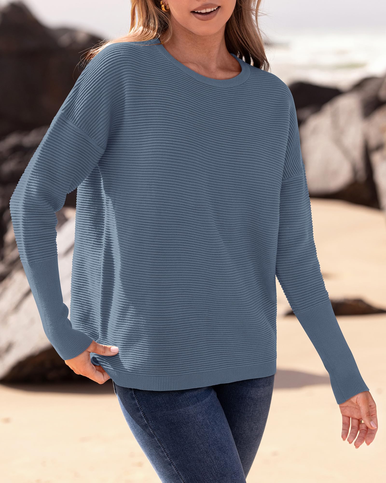 FreshPrettyFall Sweaters for Women Casual Long Sleeve Sweater Striped Loose Fit Pullover Tops