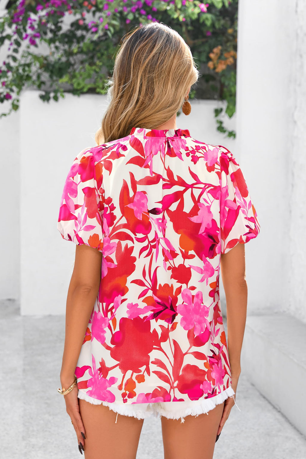PRETTYGARDEN Boho Short Sleeve Floral Work Blouses for Women Dressy Casual V Neck Puff Sleeve Loose Chiffon Flowy Tops Shirts