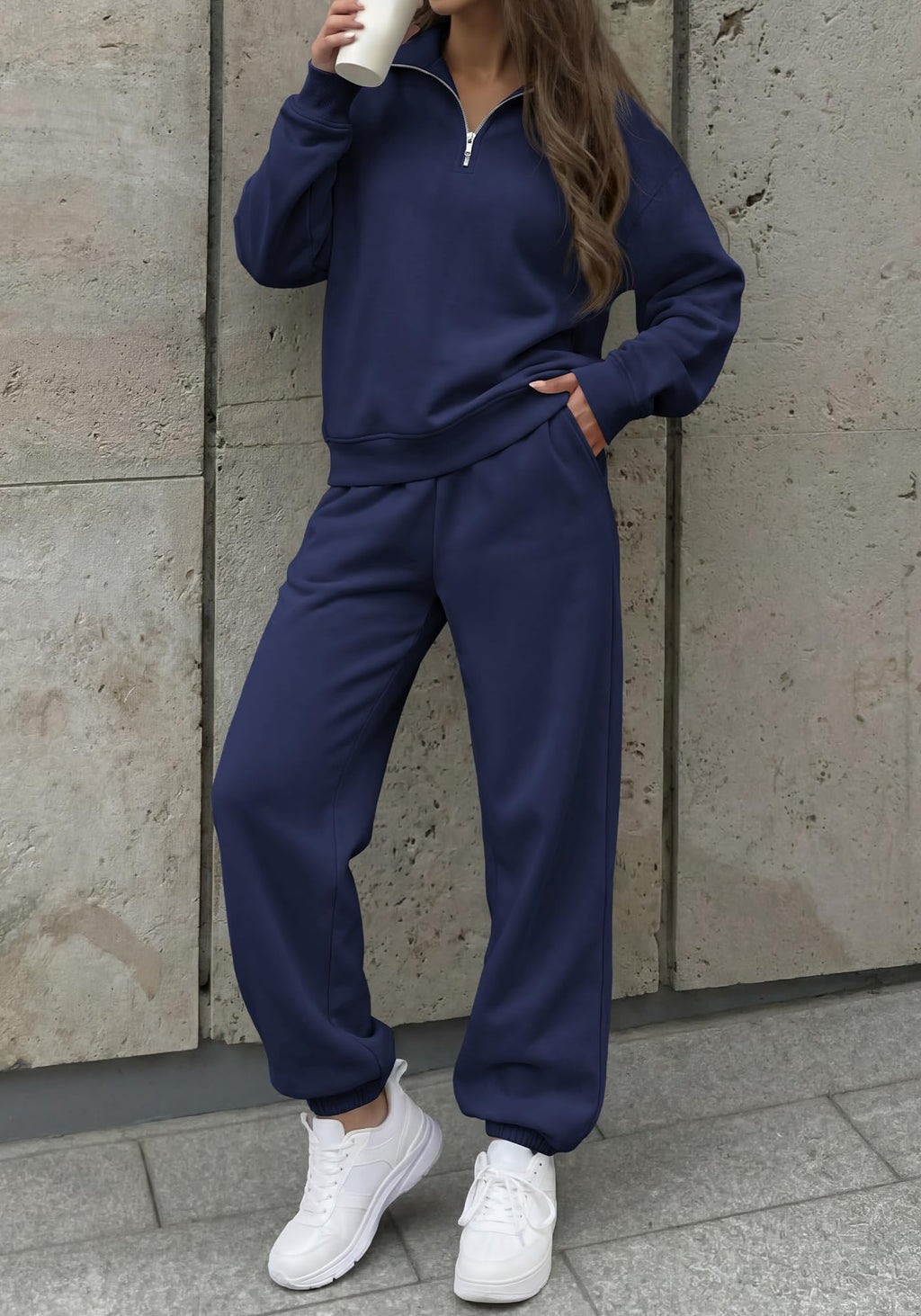 BTFBM Womens 2 Piece Outfits Sweatsuit Fleece Lounge Sets Quarter Zip Pullover Sweatshirt,Baggy Jogger Sweatpants,Fall Fashion Clothing,Airport Travel Matching Sweat Set
