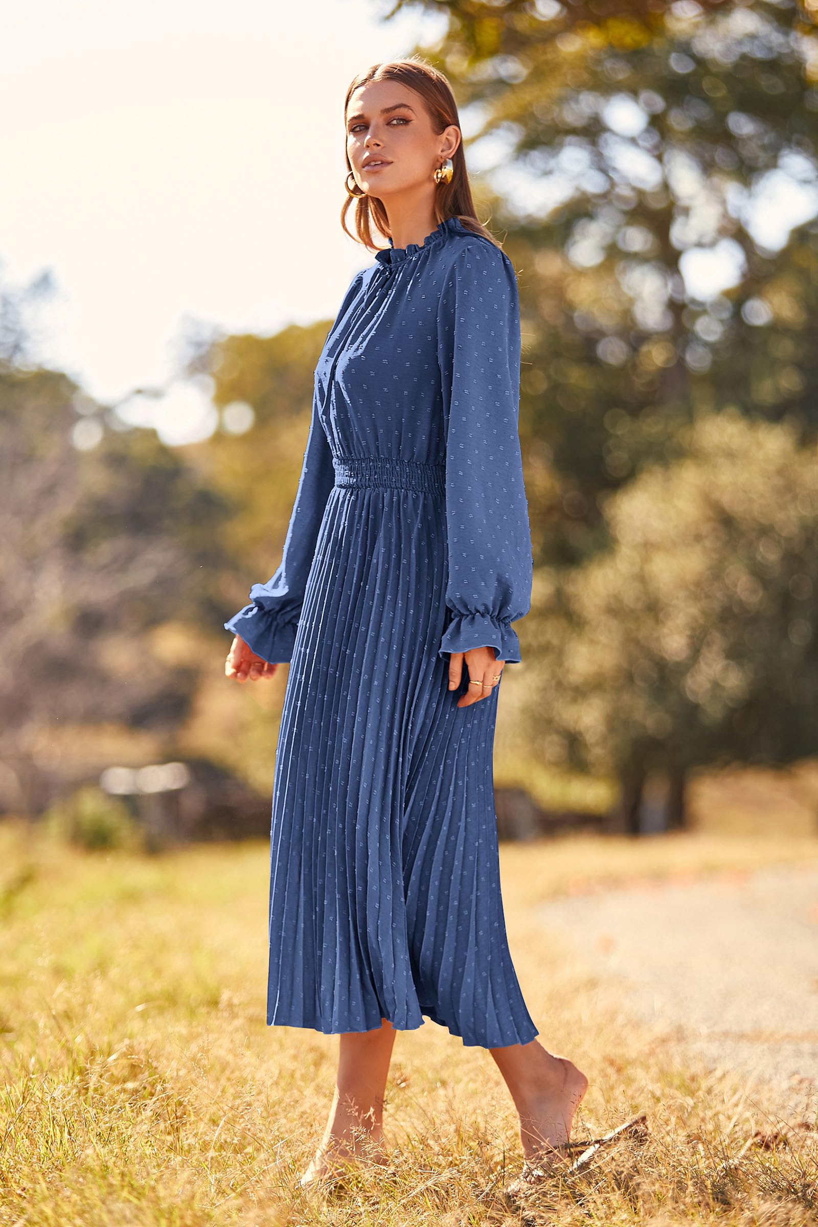 PRETTYGARDEN Women's Spring Fall Midi Dress Casual Long Sleeve V Neck Swiss Dot Pleated A Line Flowy Dresses