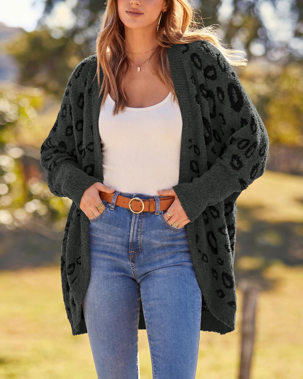 BTFBM Leopard Cardigan for Women Long Sleeve Open Front Cardigans Sweaters Pockets Loose Knit Fall Spring Outwear