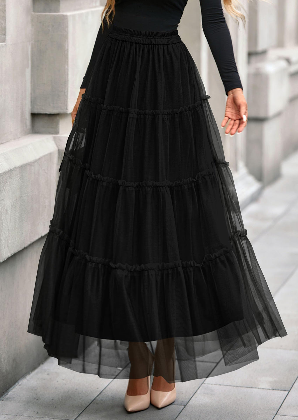PRETTYGARDEN Tulle Skirts for Women Fall Fashion Elastic High Waisted Fairy Tiered Flowy A-Line Casual Maxi Long Skirt