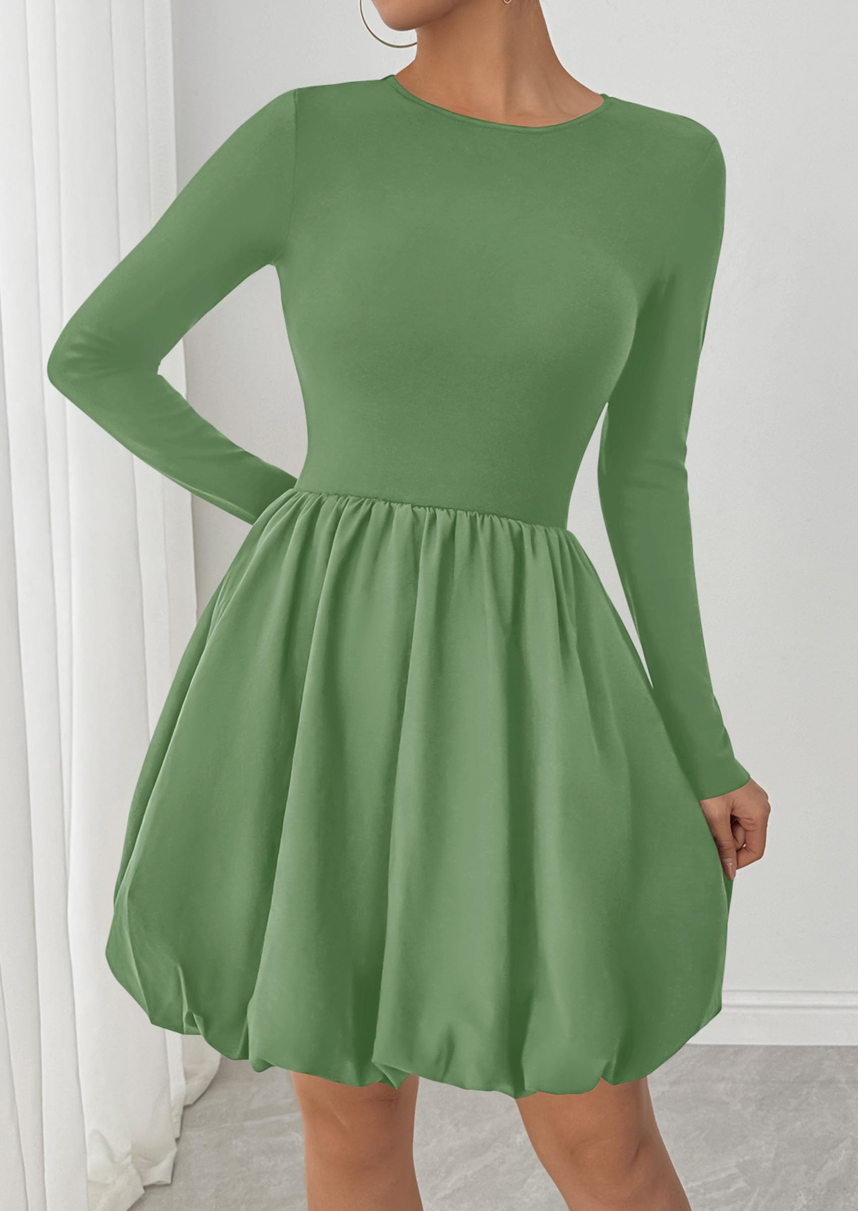 PRETTYGARDEN Fall Dresses for Women Casual Long Sleeve Bubble Cute Crew Neck A Line Mini Short Dress with Pockets