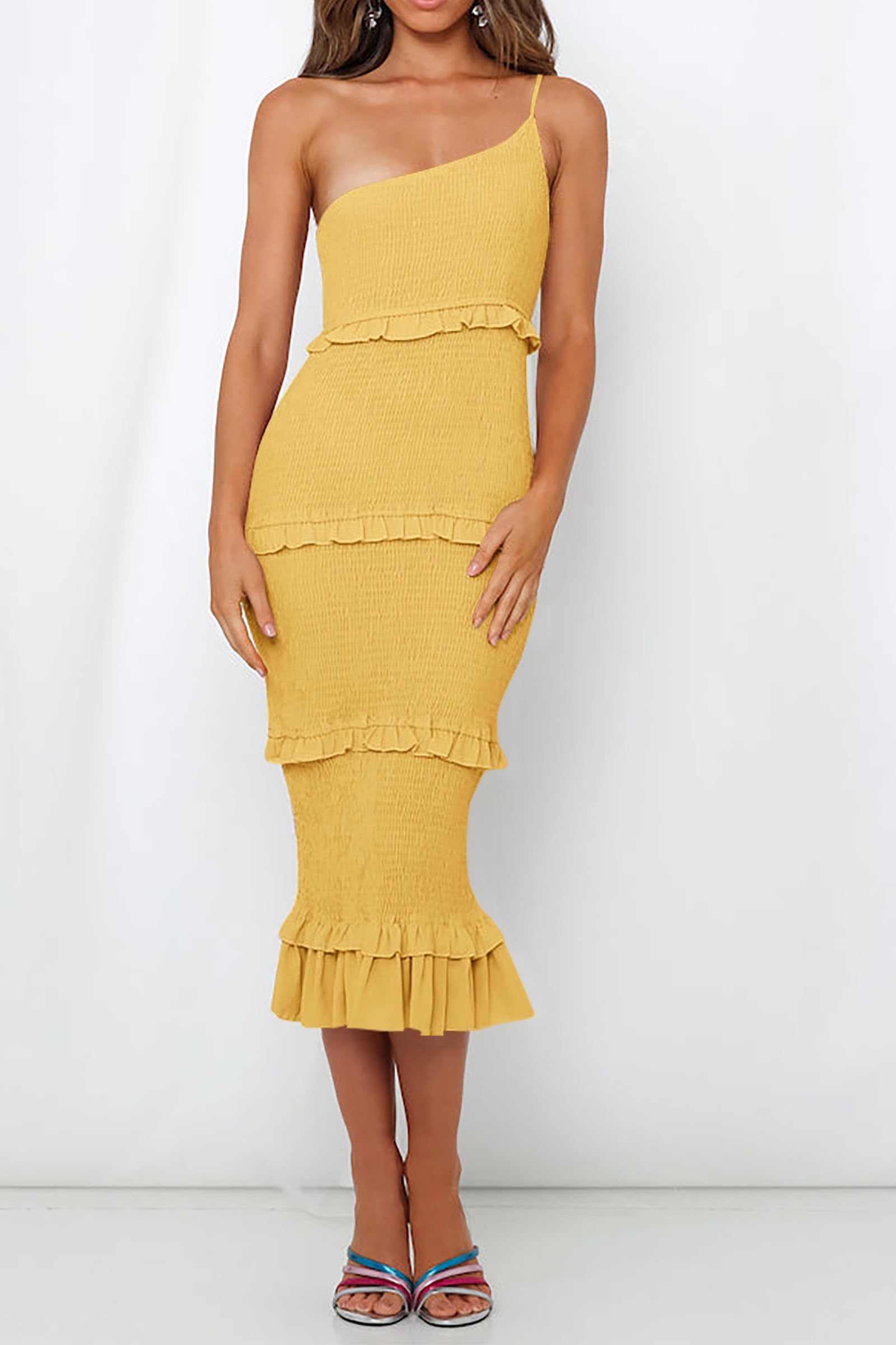 PRETTYGARDEN Women's Summer Midi Bodycon Dresses One Shoulder Strappy Tiered Ruffle Floral Boho Sun Dress