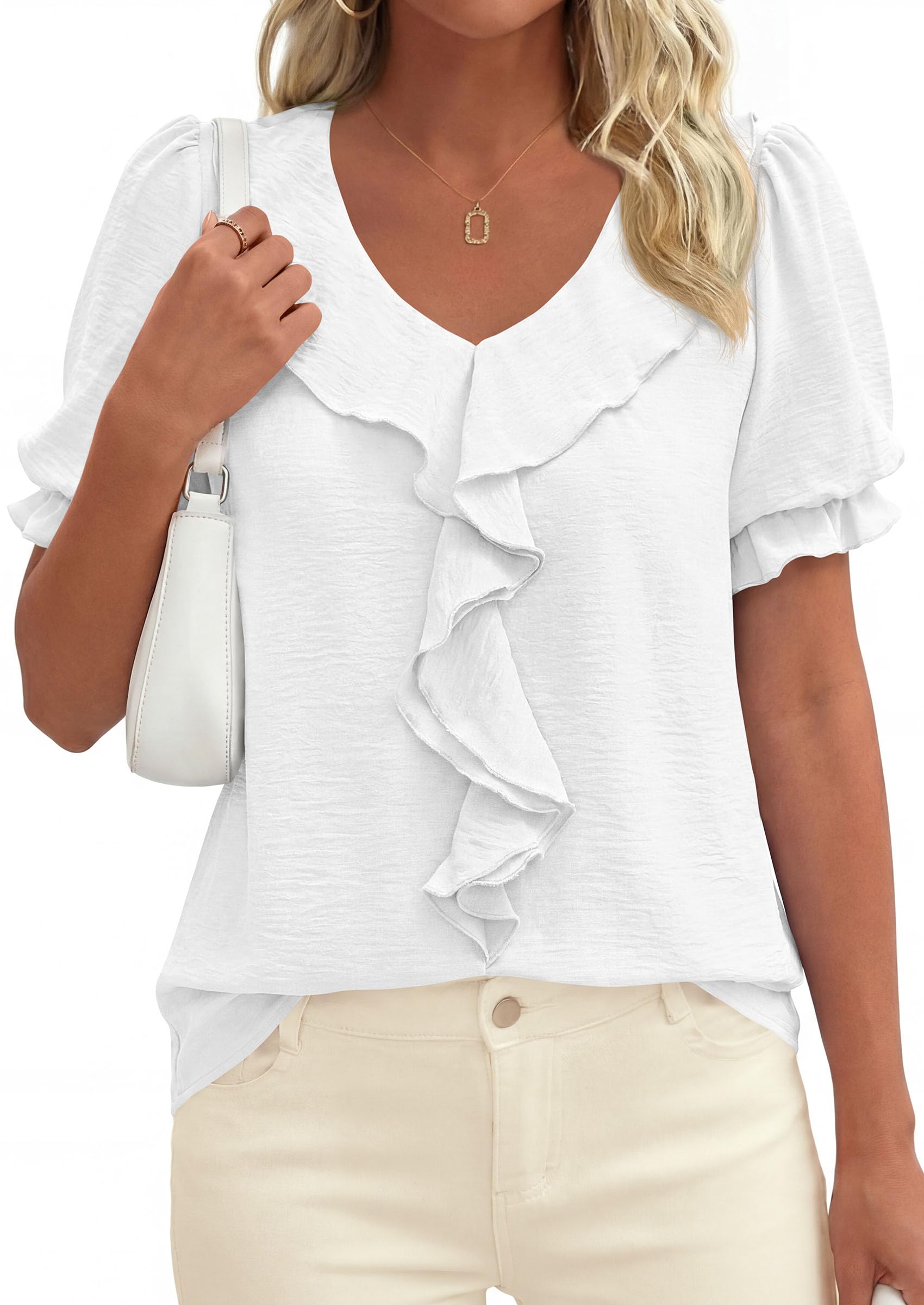 PRETTYGARDEN Women's Summer Dressy Casual Blouses Short Sleeve V Neck Ruffle Business Work Tops Trendy Spring Outfits