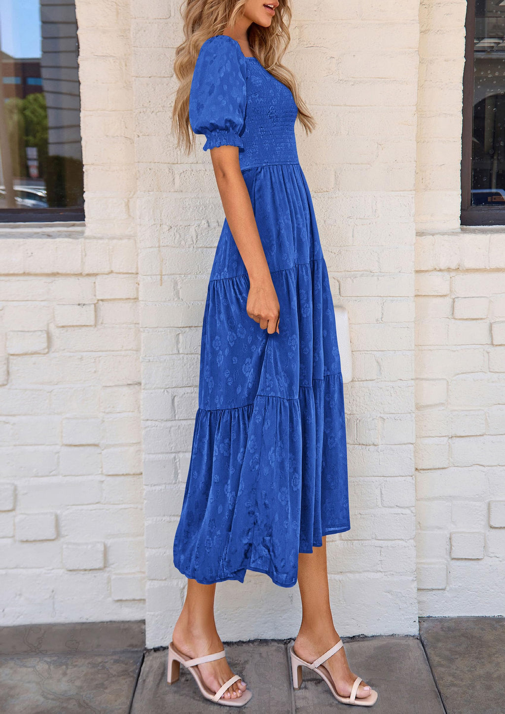 PRETTYGARDEN Women's Summer Casual Midi Dresses Square Neck Short Sleeve Smocked A Line Floral Flowy Elegant Boho Dress
