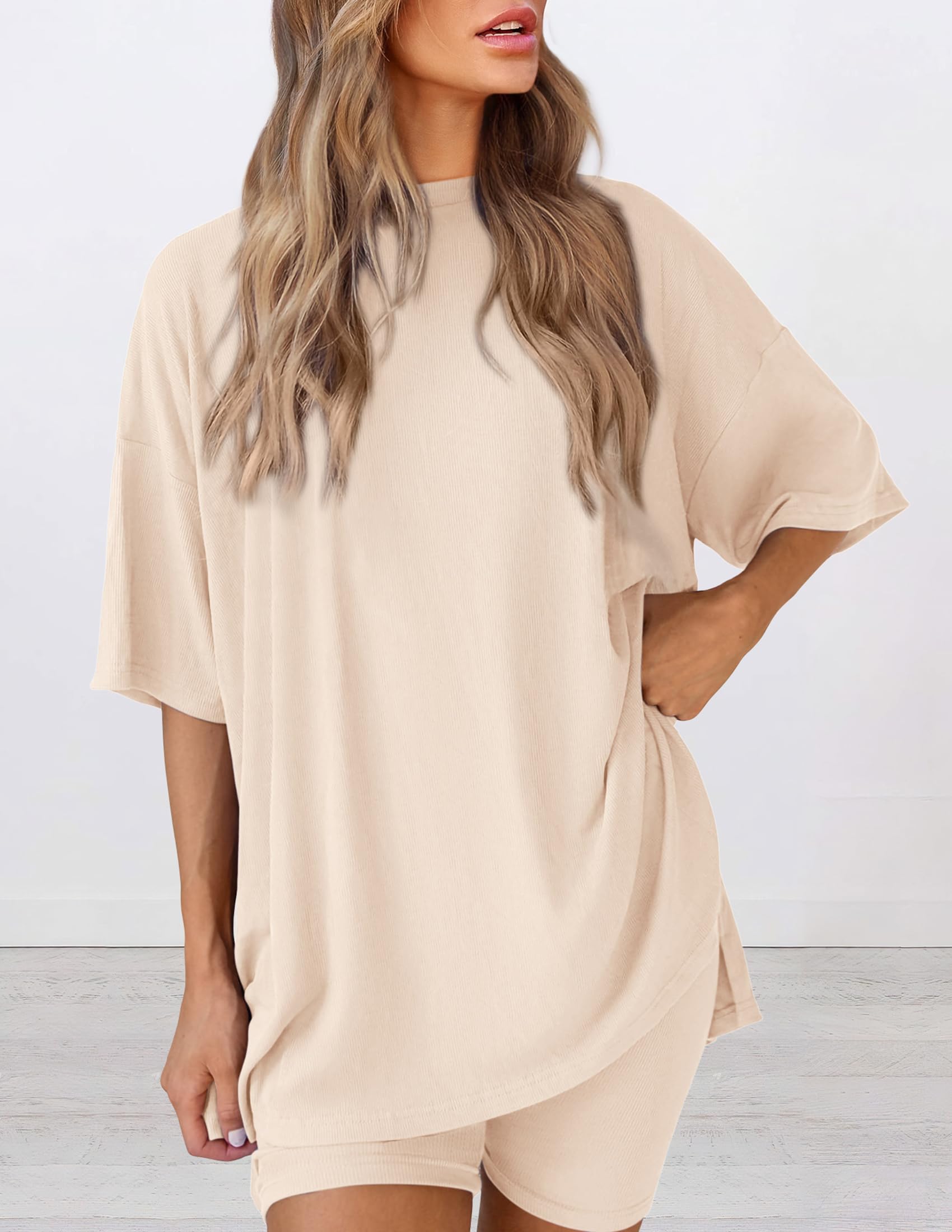 PRETTYGARDEN Women's Two Piece Lounge Set Summer Casual Oversized Shirts Biker Shorts Matching Airport Travel Outfit