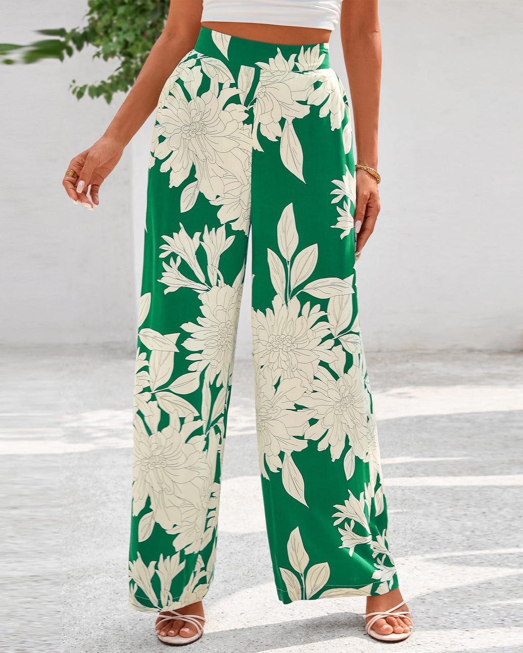 FreshPretty Womens Wide Leg Summer Pants Boho Beach Vacation Loose Elastic Waist Printed Palazzo Pant Pockets