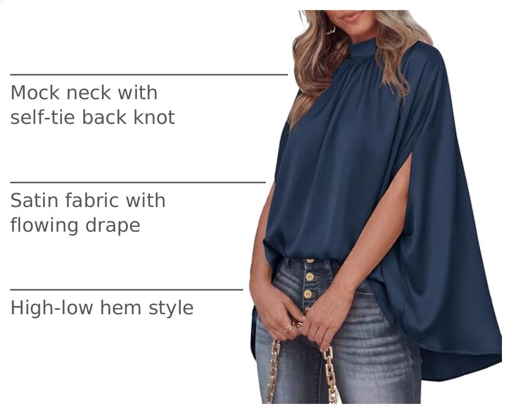 BTFBM Womens Summer Tops Mock Neck Batwing Sleeve Silk Satin Shirts Loose Oversized Dressy Casual Spring Blouses