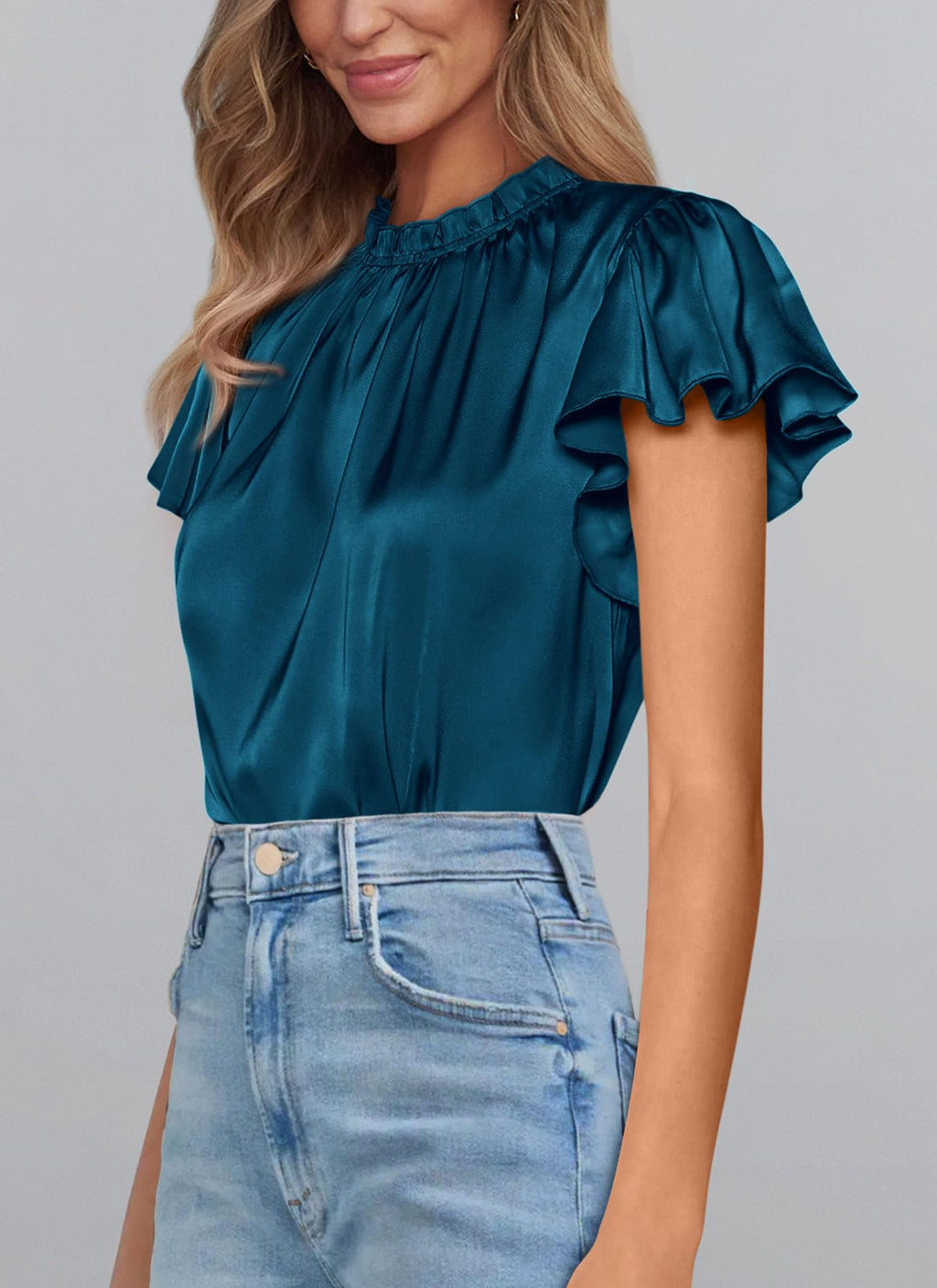 PRETTYGARDEN Business Casual Tops for Women Blouses Dressy  Summer Short Sleeve Ruffle Satin Work Office Attire