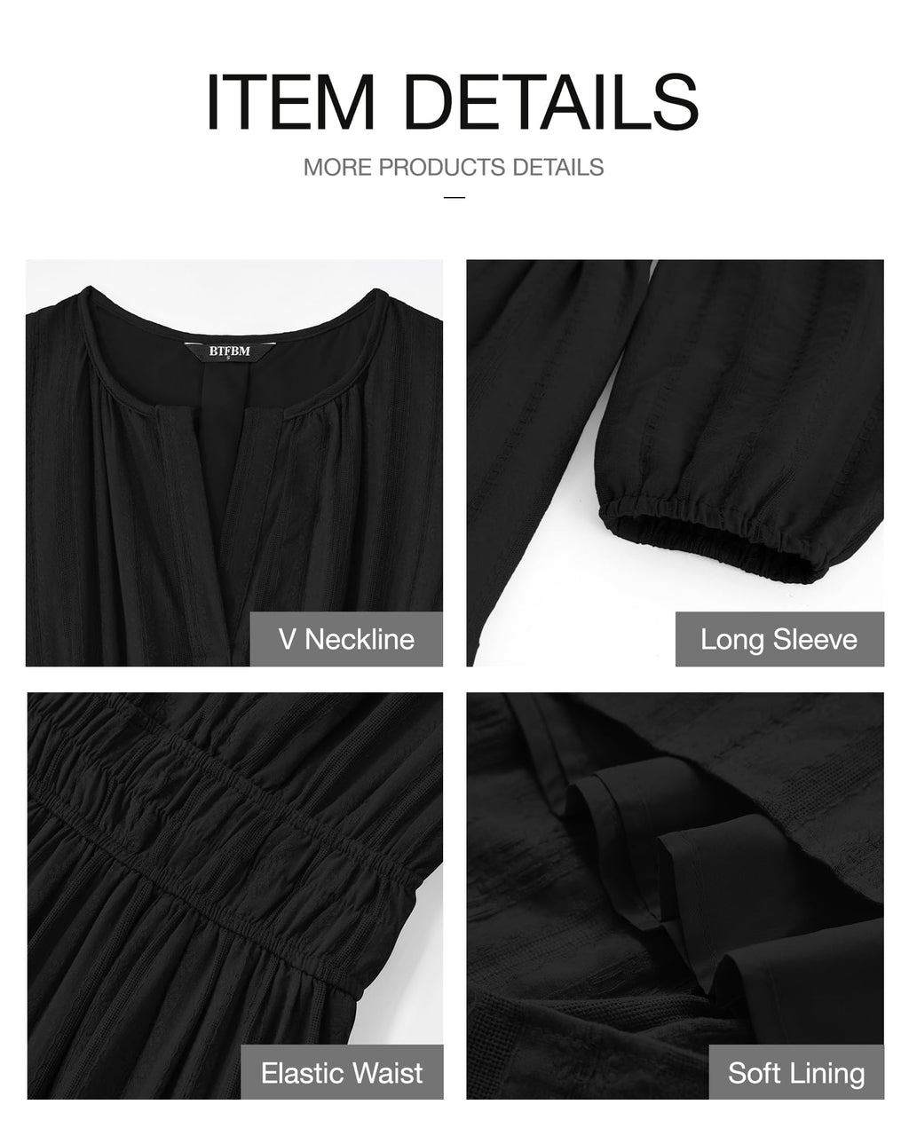 BTFBM Spring Dresses for Women 2026 Casual Long Sleeve V Neck Elastic Waist Lightweight Maxi Wedding Guest Dress Pockets