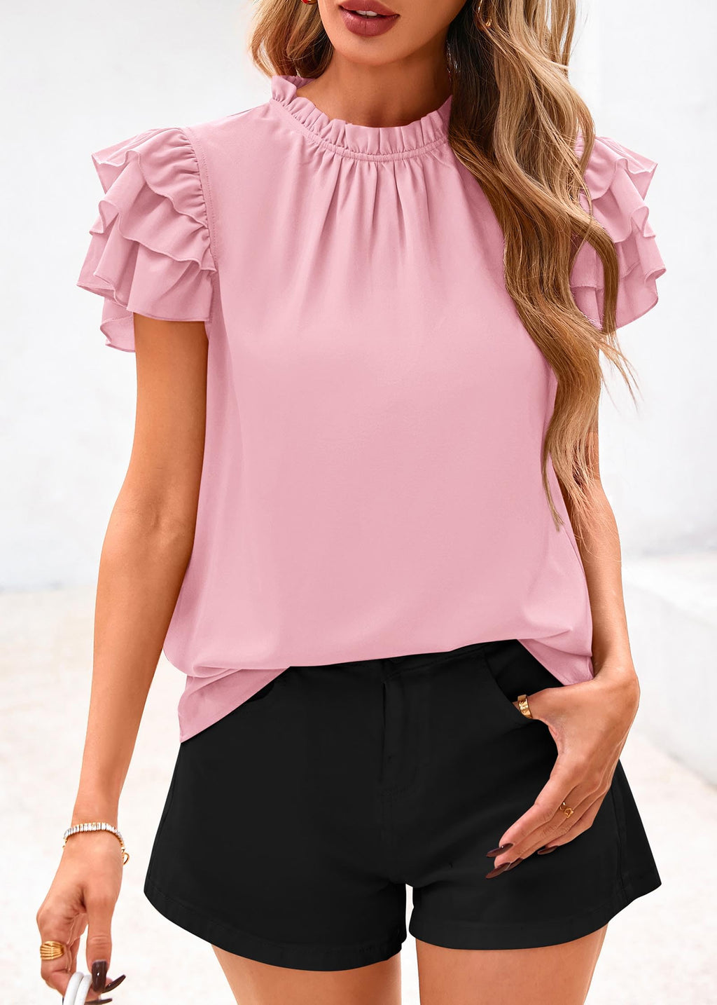 FreshPretty Blouses for Women Dressy Casual Spring Summer Ruffle Short Sleeve Mock Neck Work Shirts Tops Fashion Clothing