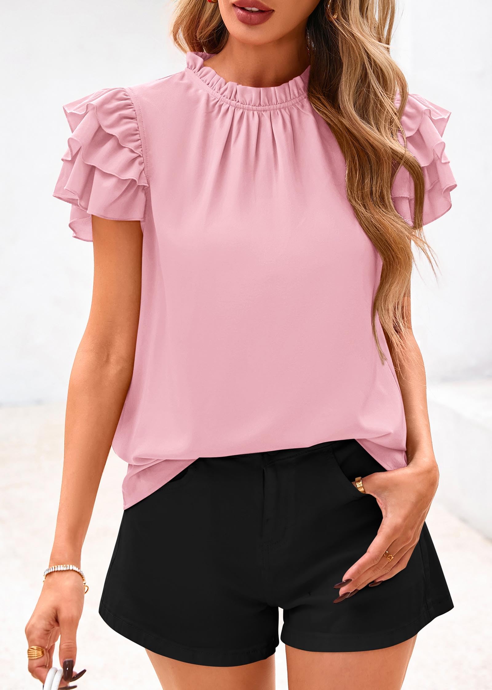 FreshPretty Blouses for Women Dressy Casual Spring Summer Ruffle Short Sleeve Mock Neck Work Shirts Tops Fashion Clothing
