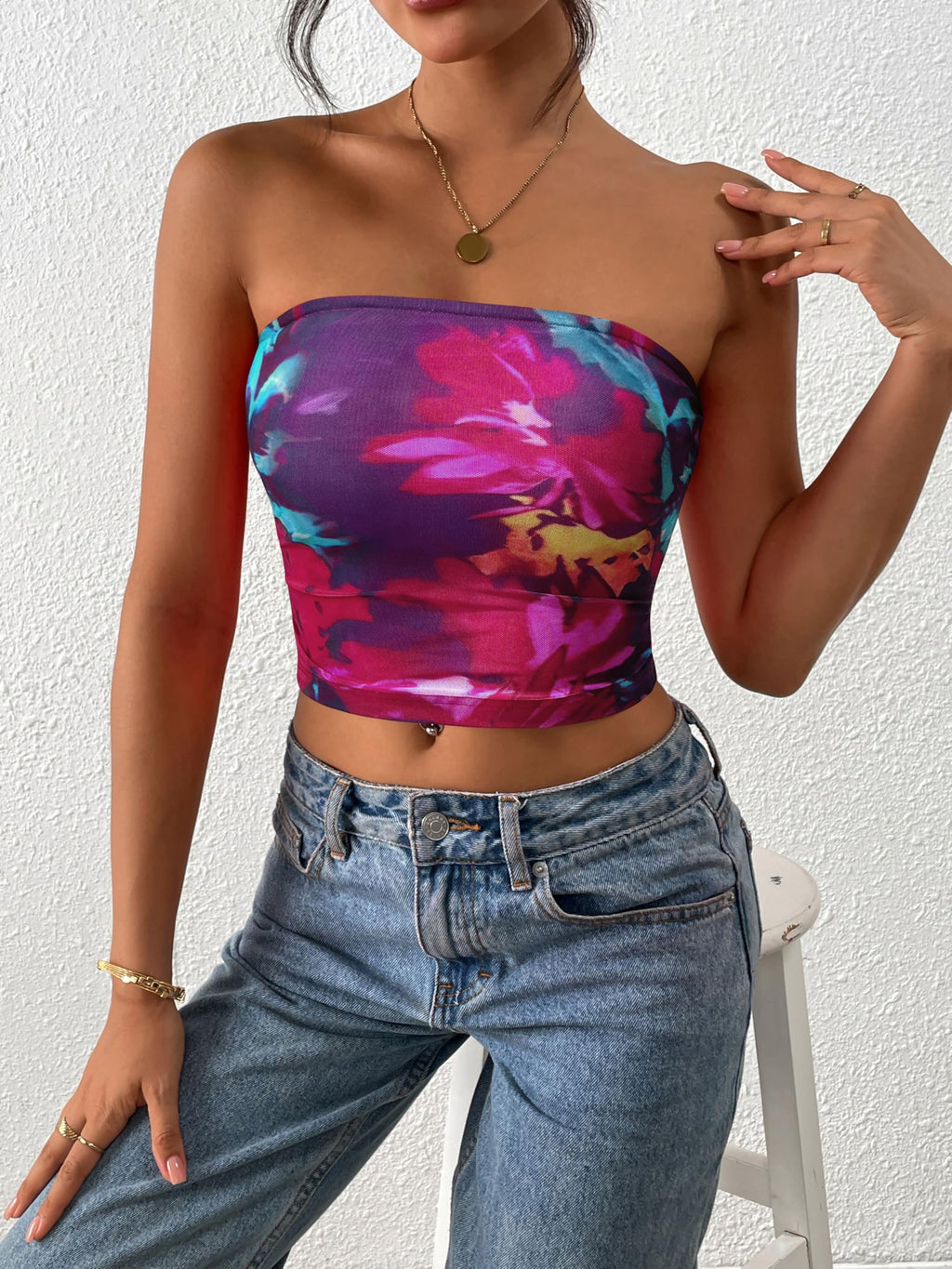 FreshPretty Womens Fashion Summer Floral Mesh Tube Top Ruched Going Out Bandeau Sleeveless Strapless Crop Tops Y2k Clothes
