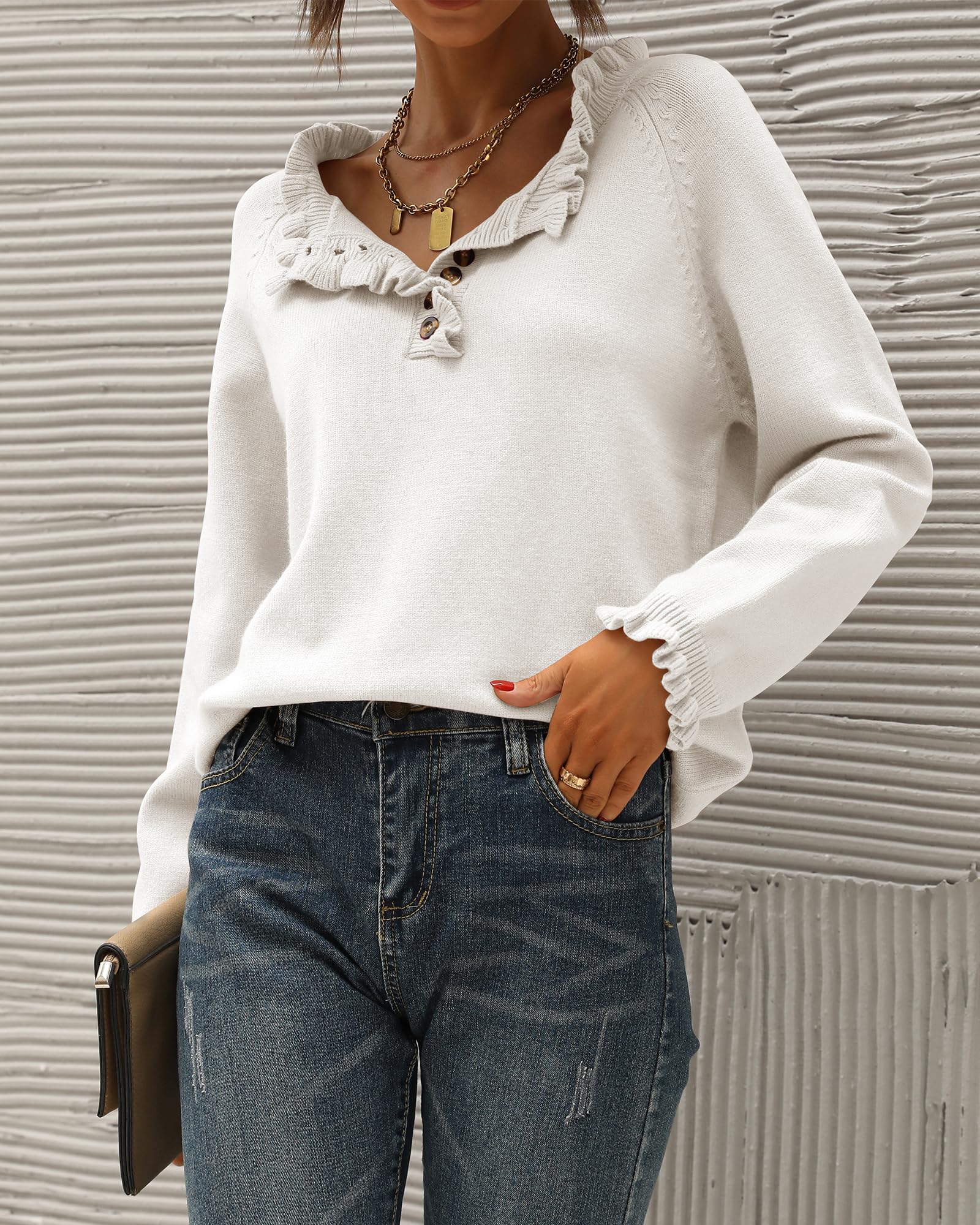 FreshPretty Womens Sweaters Fall Winter Clothes Long Sleeve Button Down Ruffle Crew Neck Casual Knitted Pullover Tops