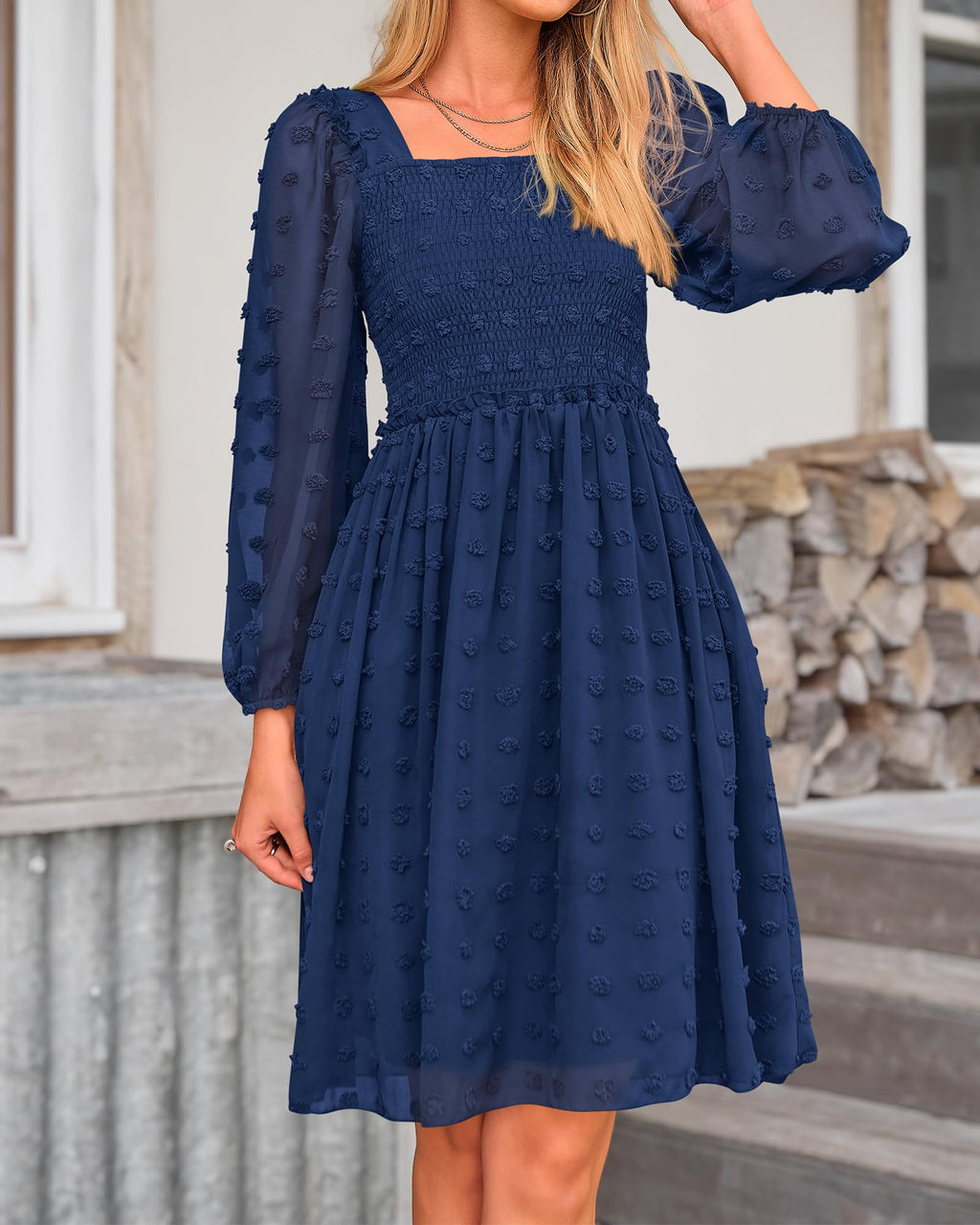 BTFBM Womens Long Sleeve Dress Summer Vacation Square Neck Smocked Floral Mini Boho Spring Wedding Guest Dresses