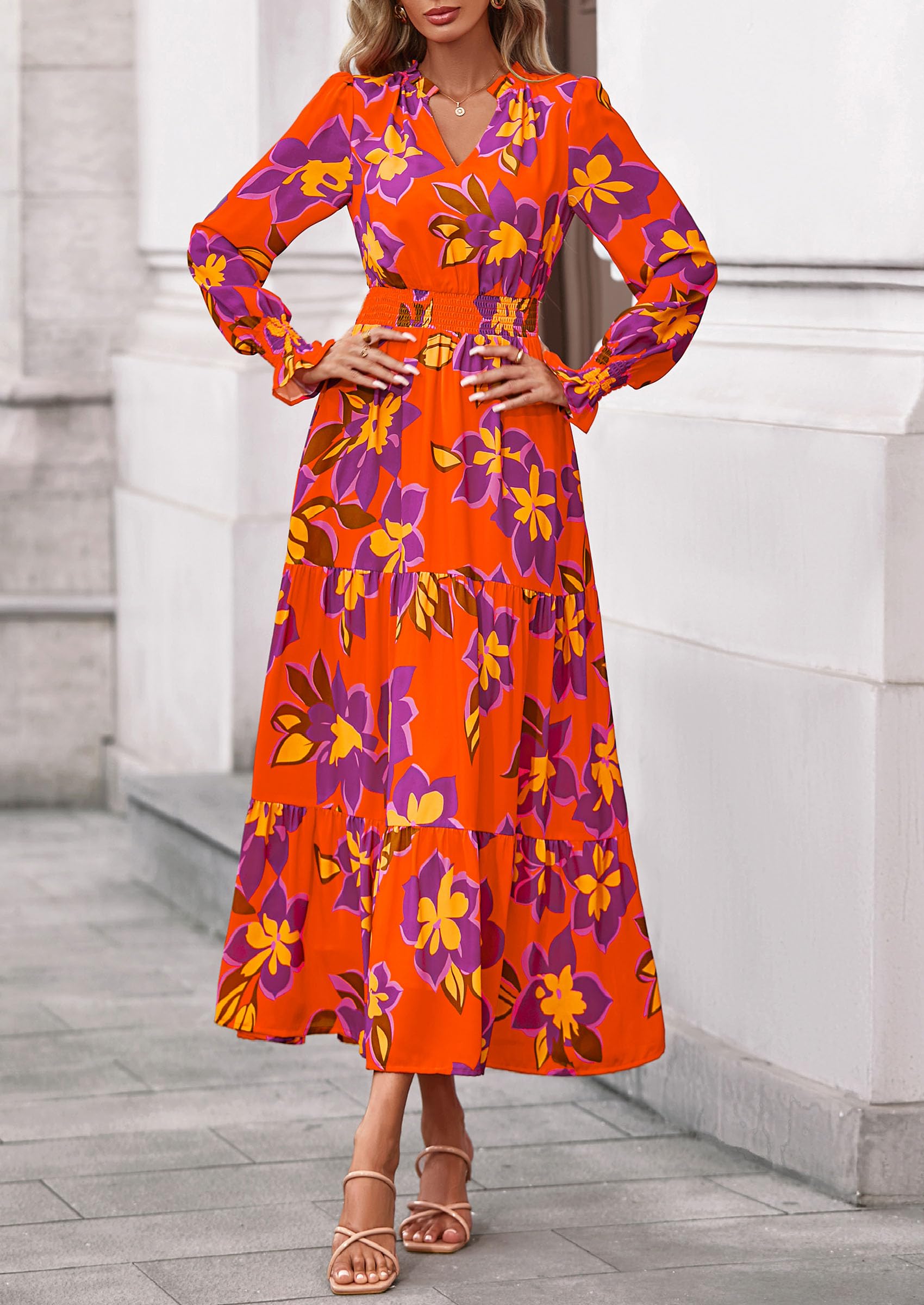 PRETTYGARDEN Women's Floral Maxi Dress Fall Long Sleeve V Neck Casual A Line Long Flowy Boho Party Dresses