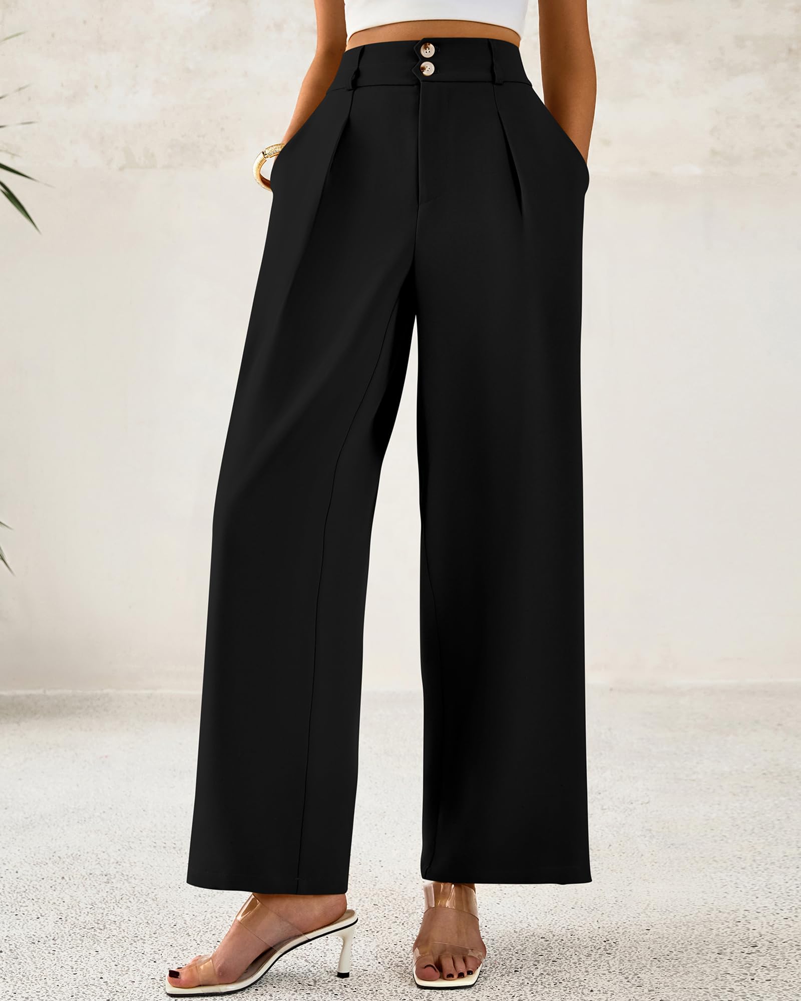 BTFBM Women Wide Leg Dress Pants High Waisted Button Pleated Business Casual Trousers Office Work Palazzo Pants