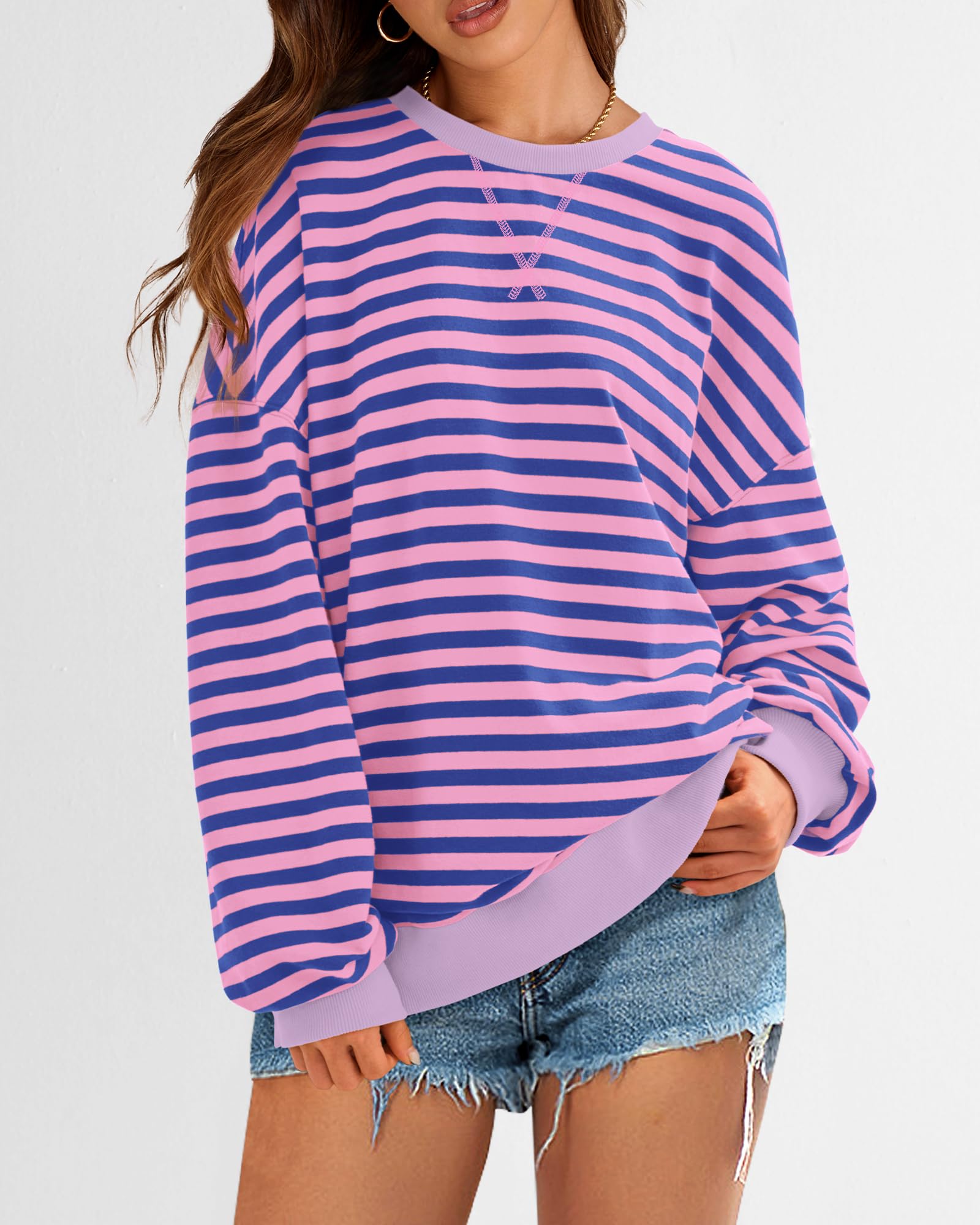 BTFBM Sweatshirt For Women Summer Crewneck Long Sleeve Oversized Striped Pullover Tops Y2K Clothes Workout Shirt