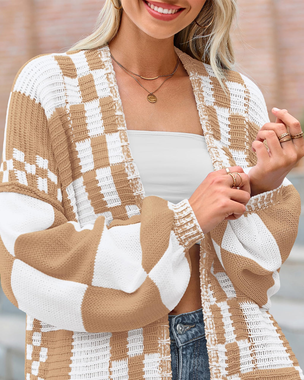 FreshPretty Casual Cardigan Sweater for Women Fall Long Sleeve Open Front Chunky Knit Sweaters Checkered Outwear Coat