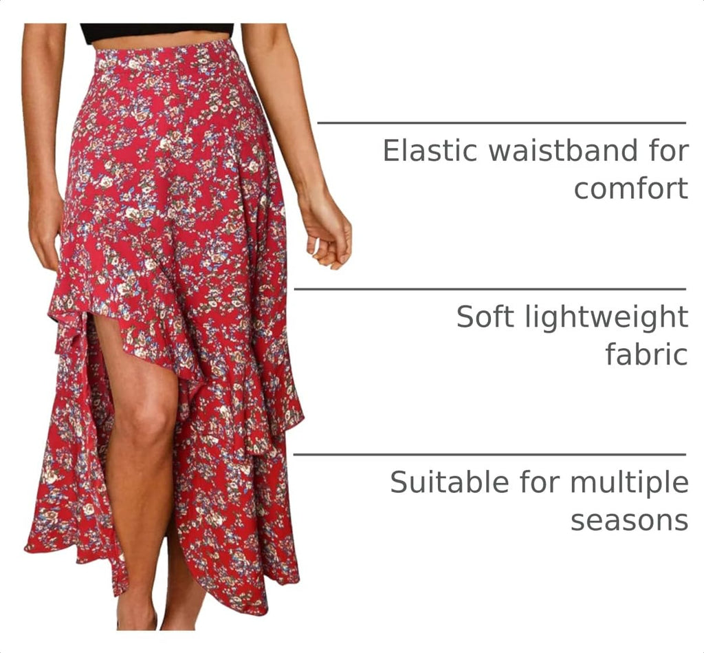 BTFBM Women Spring Summer Long Skirts Dress Boho Floral Elastic Waist Split Ruffle High Low Beach Maxi Skirt Clothes