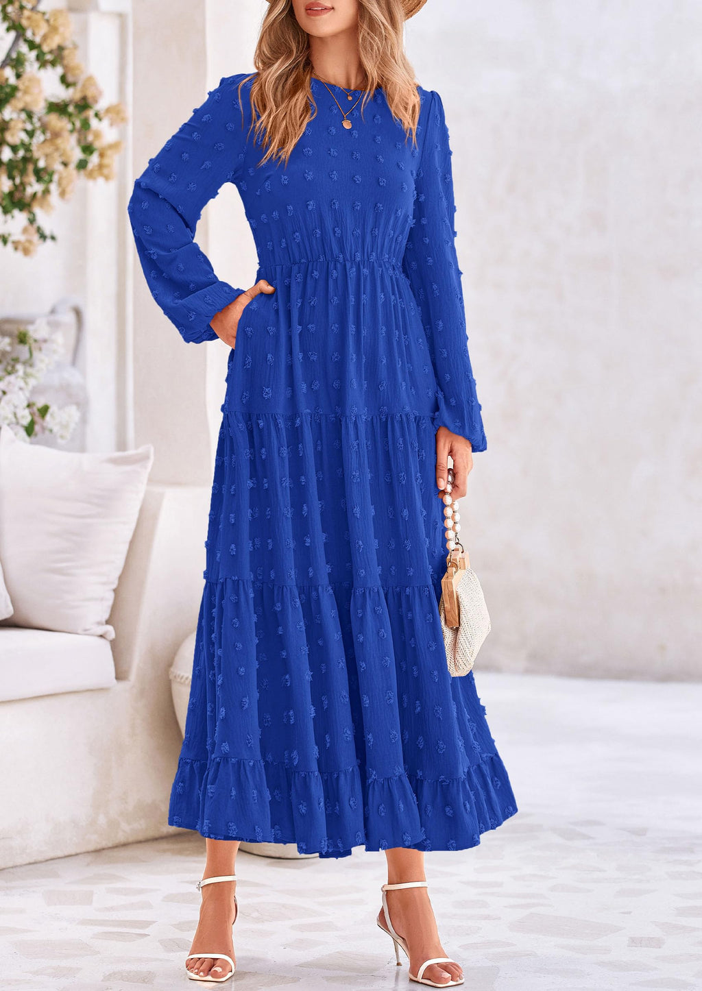 PRETTYGARDEN Women's Fall Spring Elegant Long Sleeve Maxi Dress Swiss Dot A Line Flowy Casual Holiday Party Going Out Dresses