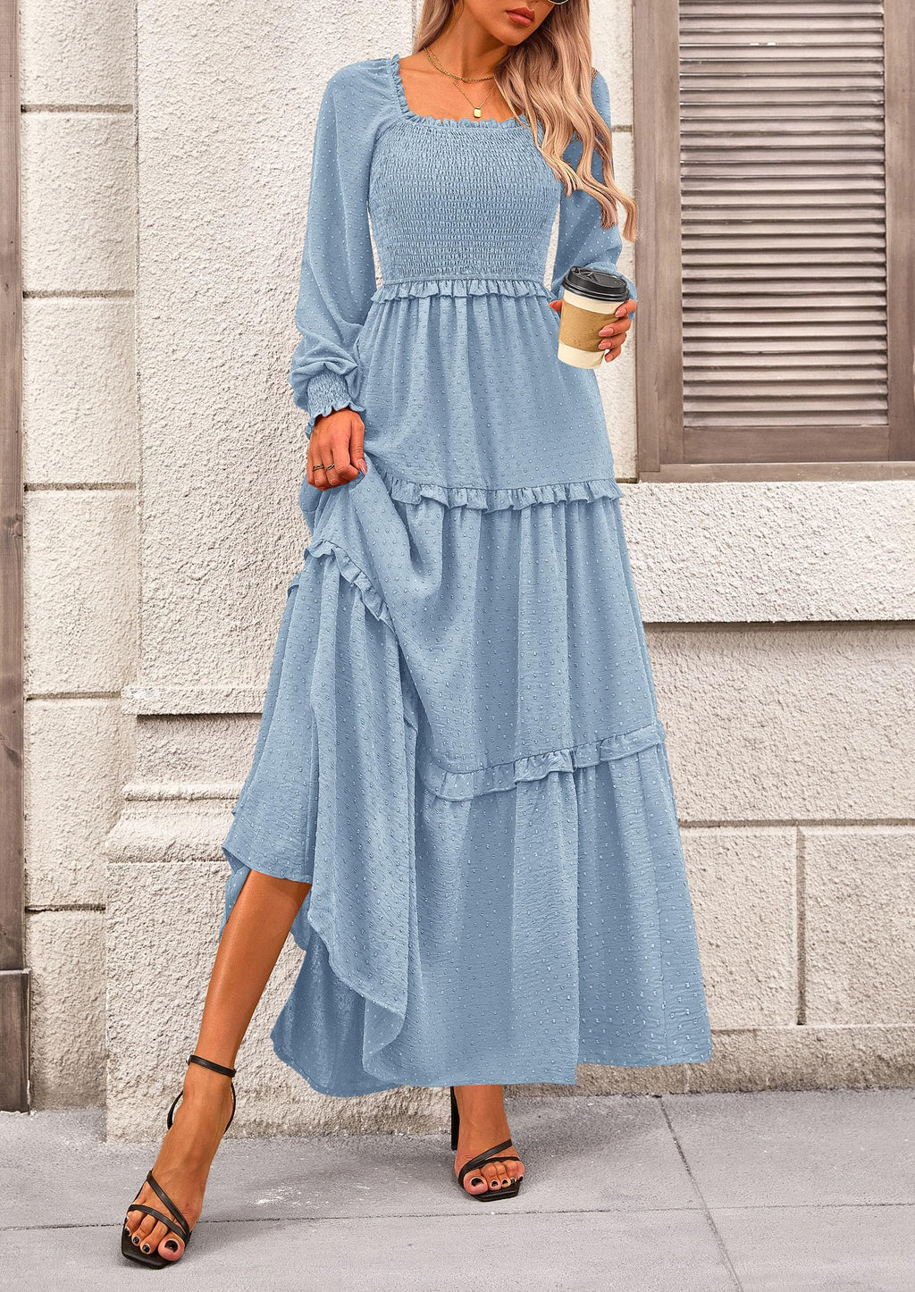 PRETTYGARDEN Fall Dresses for Women Long Sleeve Smocked Square Neck Swiss Dot Tiered Flowy Wedding Guest Maxi Dress
