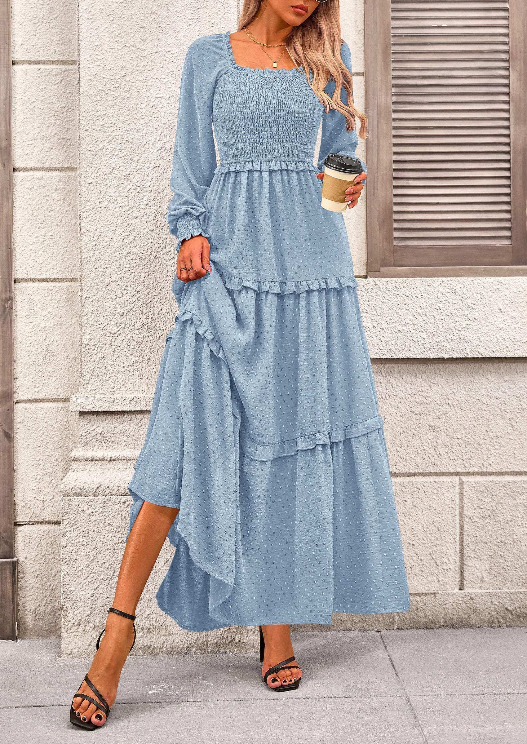 PRETTYGARDEN Fall Dresses for Women Long Sleeve Smocked Square Neck Swiss Dot Tiered Flowy Wedding Guest Maxi Dress