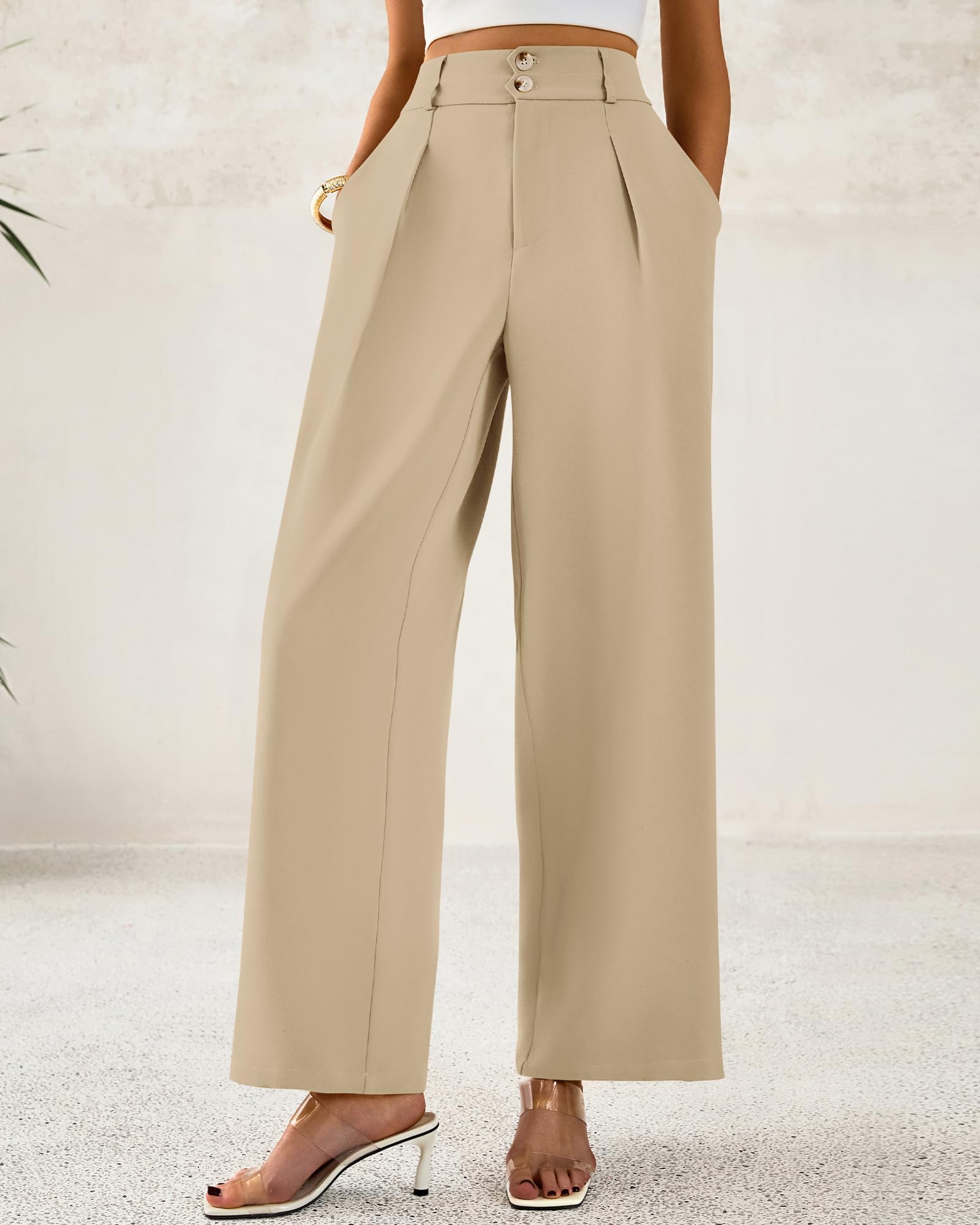 BTFBM Women Wide Leg Dress Pants High Waisted Button Pleated Business Casual Trousers Office Work Palazzo Pants