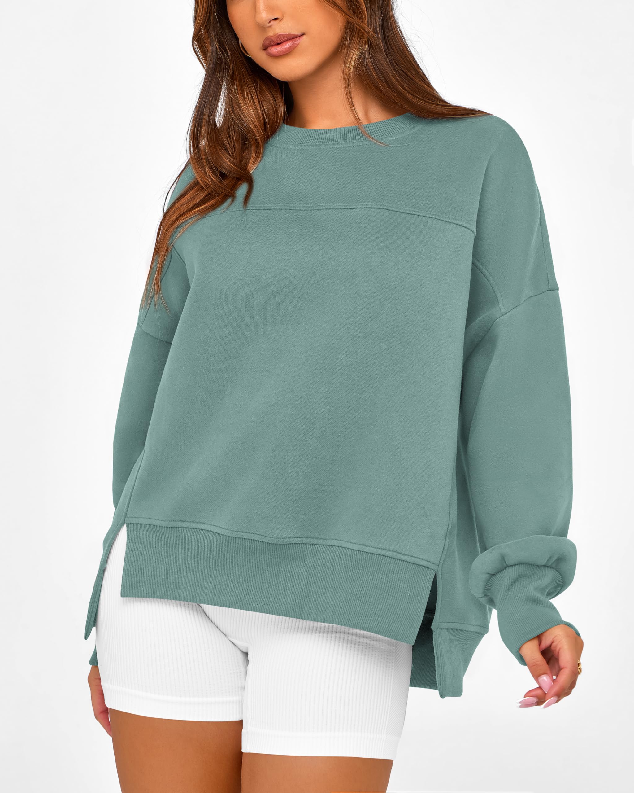 BTFBM Women's Casual Crewneck Sweatshirts Spring Long Sleeve Side Slit Workout Fleece Pullover Top Fashion Clothing