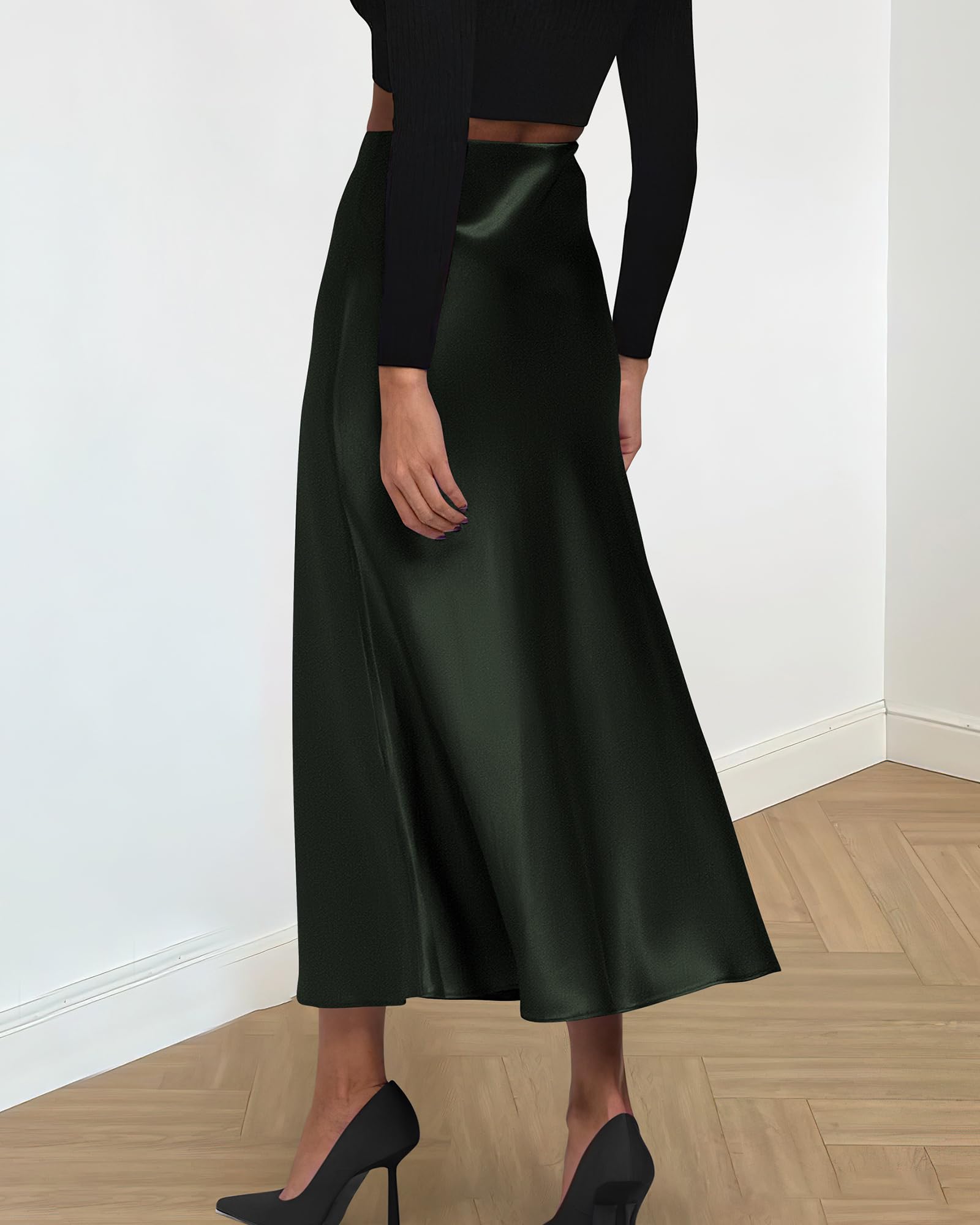 BTFBM Summer Womens Skirts Silk Elegant High Waist Flowy Long Satin A-Line Midi Skirt Cocktail Wedding Party