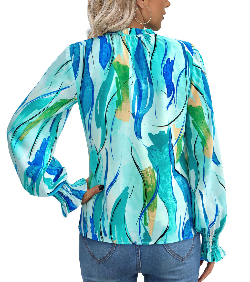 FreshPretty Womens V Neck Floral Long Sleeve Tops Summer Casual Loose Puff Sleeve Chiffon Boho Work Blouse Dressy T Shirts