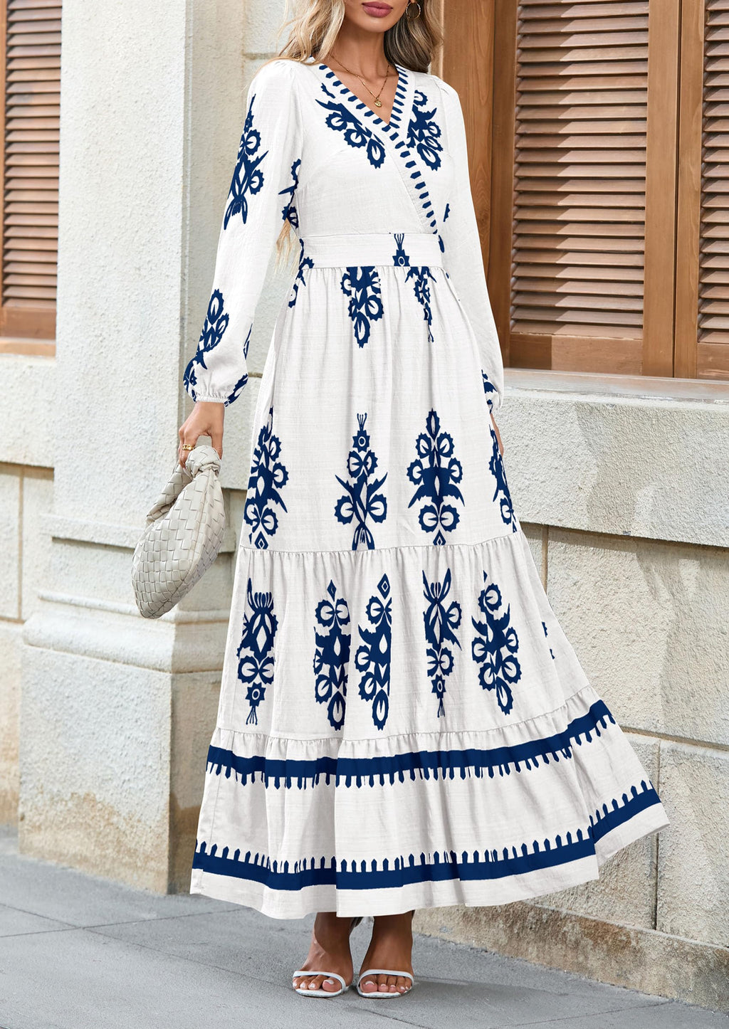 PRETTYGARDEN Women's Fall Wedding Guest Dresses Boho Floral Long Sleeve V Neck Flowy Elegant Maxi Dress Beach Clothes