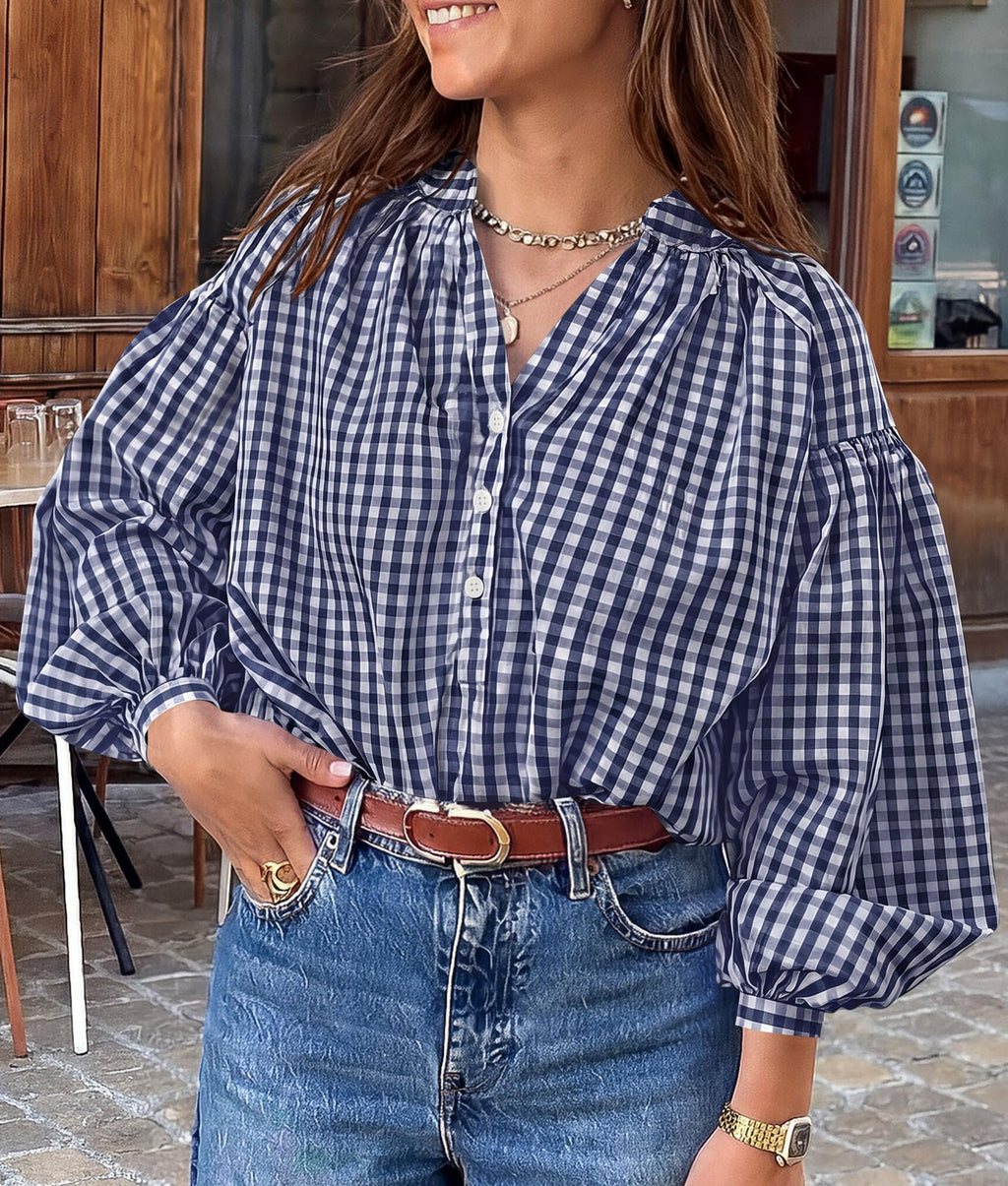 PRETTYGARDEN Women Fall Plaid Long Puff Sleeve Shirts V Neck Casual Blouses Gingham Button Down Oversized, Pleated Drop Shoulder Cotton Tops, Dressy Casual, Work Vacation Travel, Fall Outfits Trendy