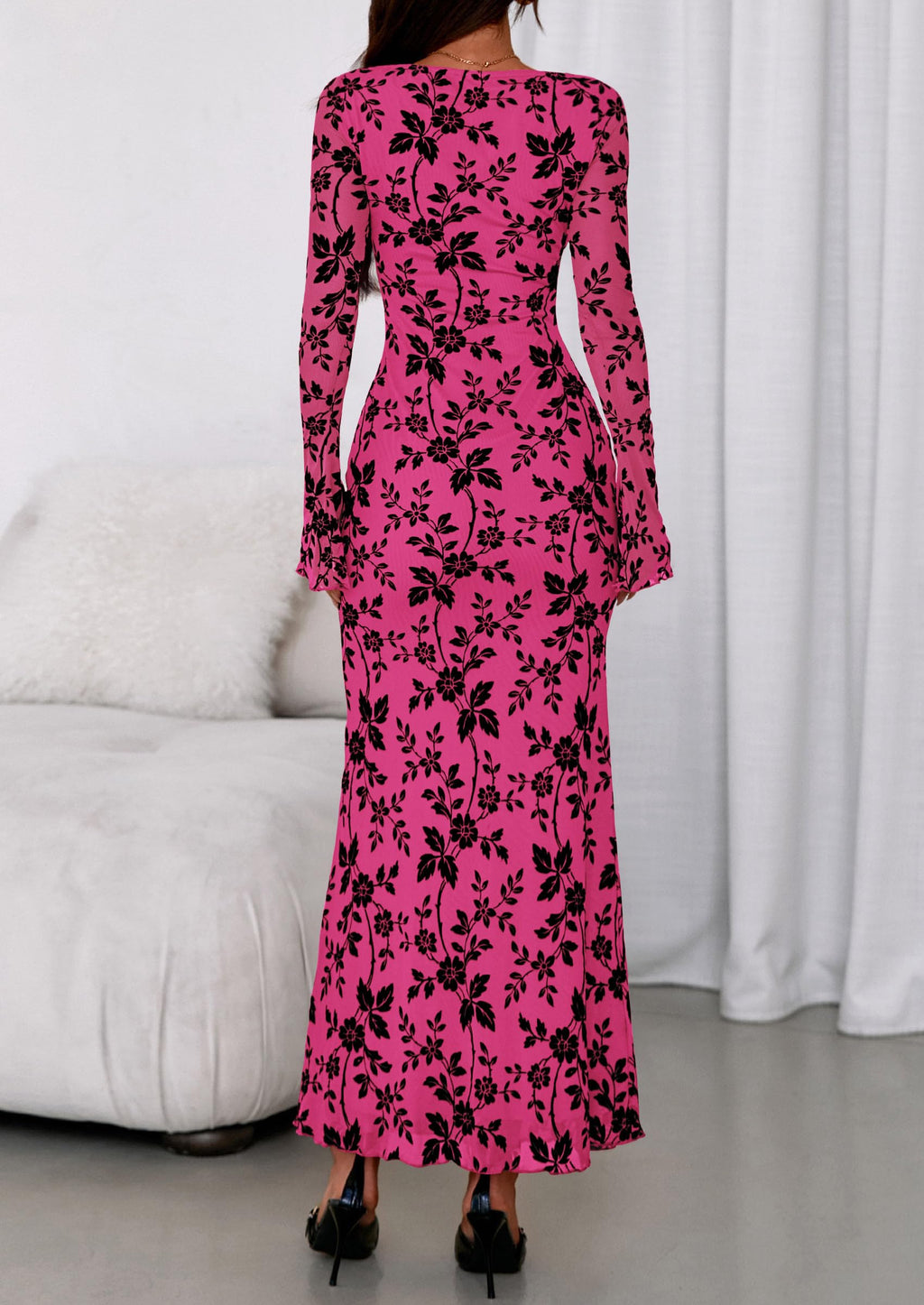 PRETTYGARDEN Women's Floral Bodycon Maxi Dress Fall Elegant Mesh Long Sleeve Formal Wedding Guest Cocktail Dresses