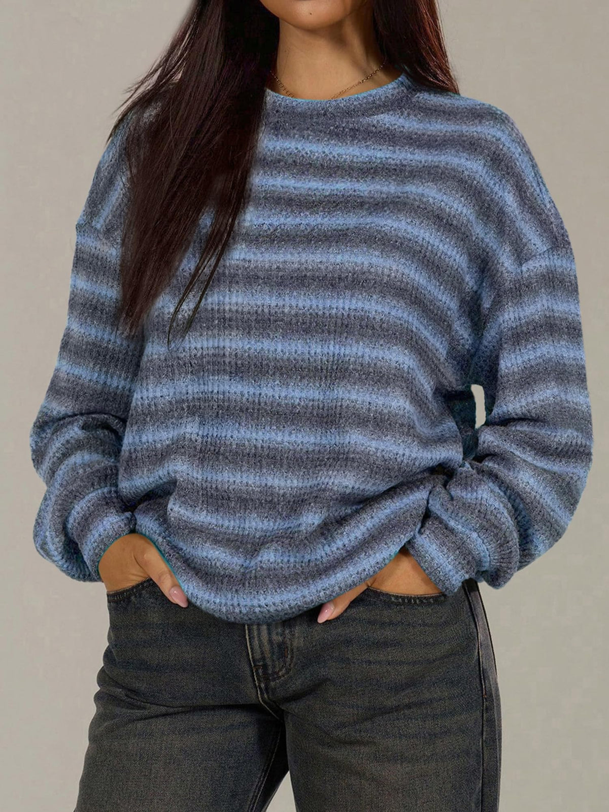 FreshPretty Striped Waffle Knit Tops for Women Lightweight Pullover Sweaters,Womens Fall Outfits,Basic Casual Crew Neck Long Sleeve Top,Trendy Loose Blouses Daily Wear,Winter Layering Clothes