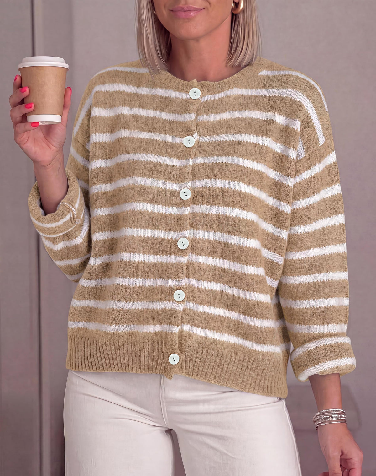 FreshPretty Women's Chunky Knit Striped Cardigan Sweaters Casual Button Front,Long Sleeve Knit Cardigan,Soft Loose Fit Sweaters for Business Casual Work,Fall Winter Outerwear Layering