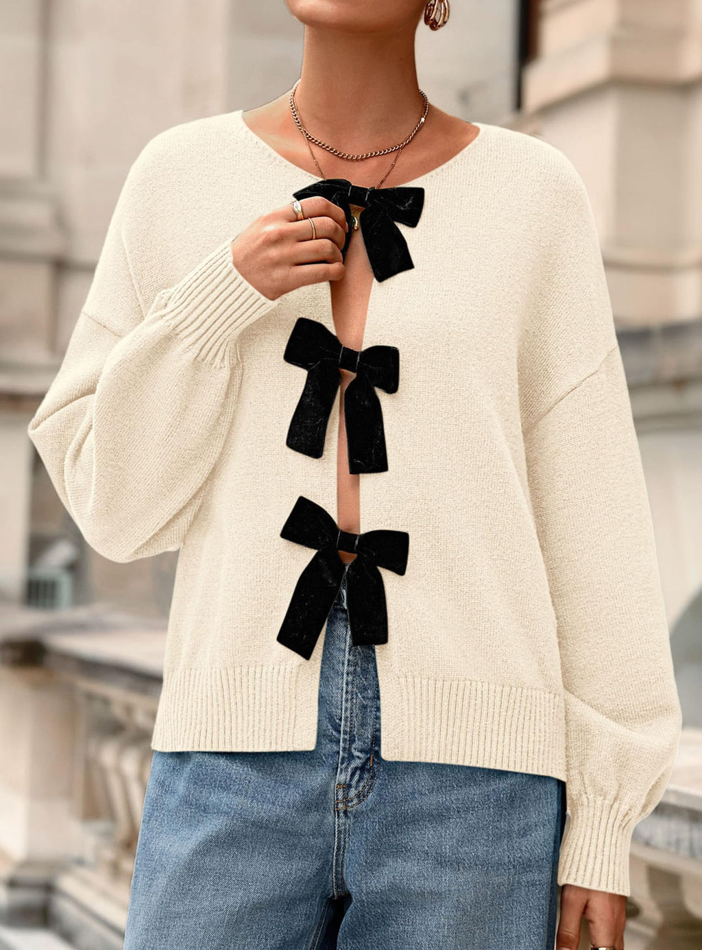 PRETTYGARDEN Cardigan Sweaters for Women Fall Fashion Bow Tie Front Long Sleeve Knit Sweater Tops Cute Winter Clothes