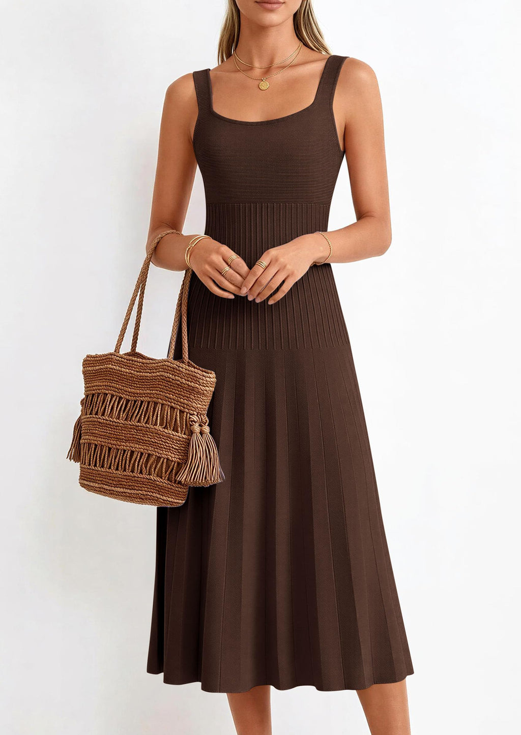 PRETTYGARDEN Spring Dresses for Women Summer Casual Sleeveless Square Neck A Line Knit Pleated Midi Cocktail Party Dress