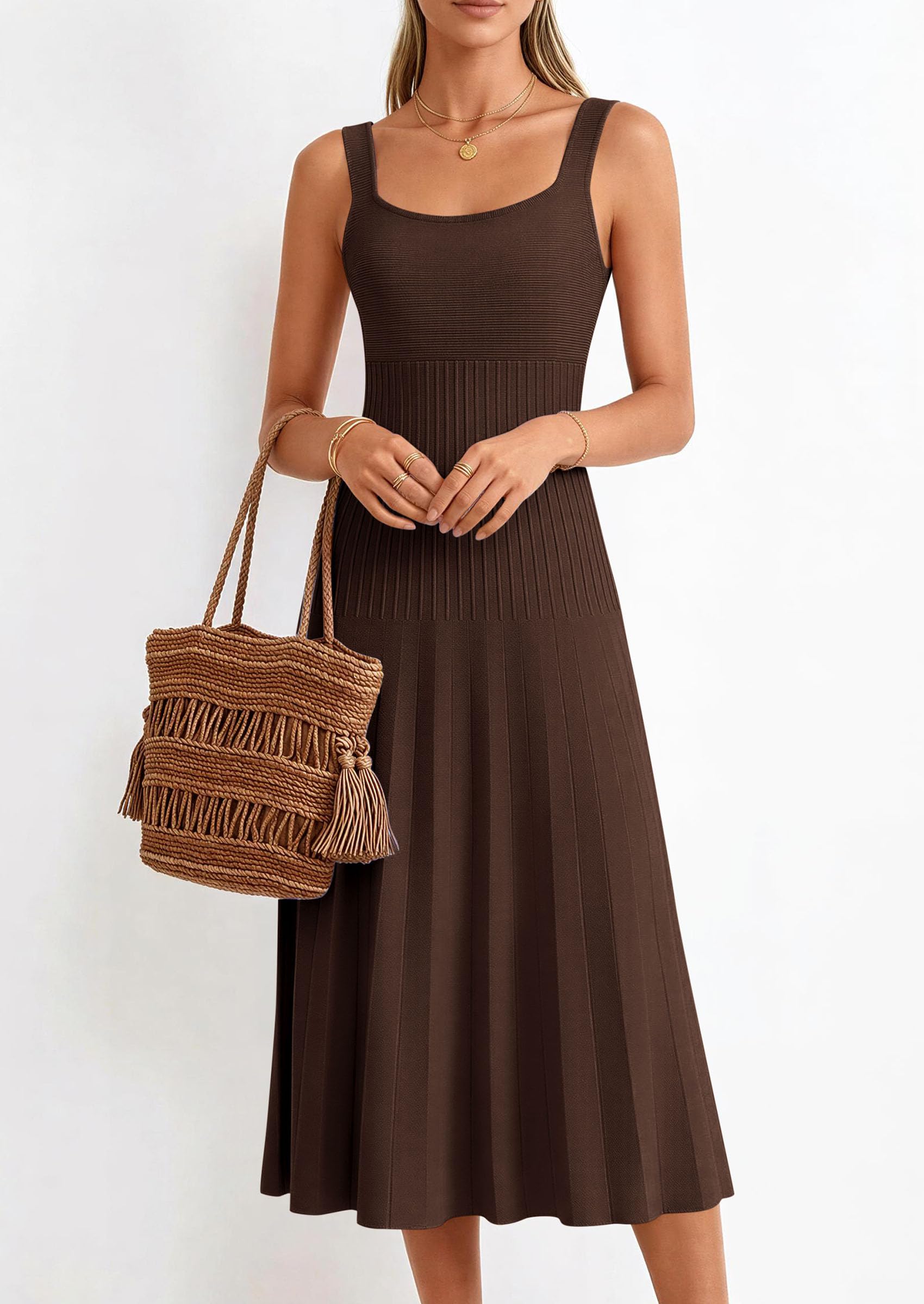 PRETTYGARDEN Spring Dresses for Women Summer Casual Sleeveless Square Neck A Line Knit Pleated Midi Cocktail Party Dress