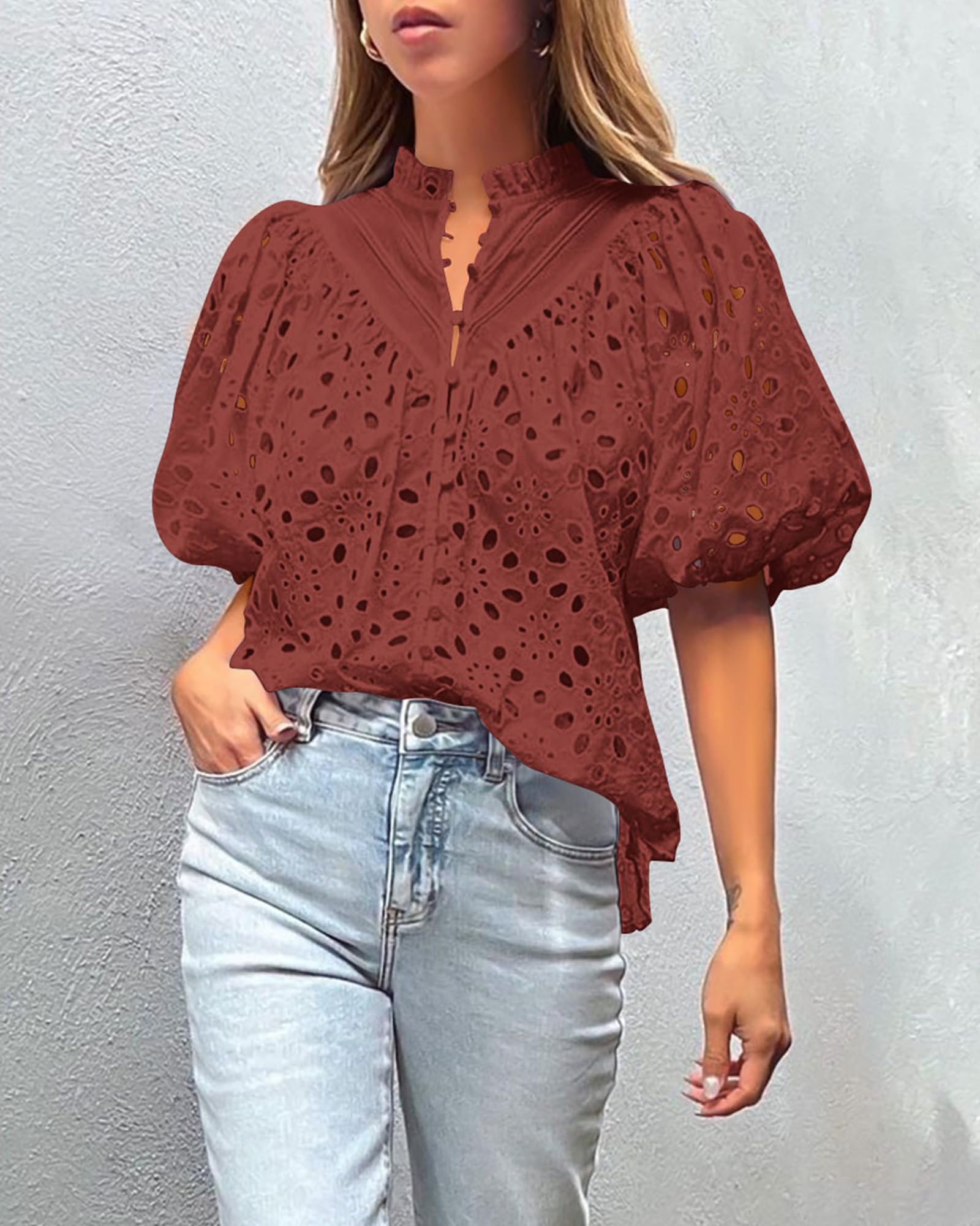 PRETTYGARDEN Women's Summer Tops Dressy Casual Short Sleeve V Neck Buttons Hollow Out Lace Embroidered Blouses Shirts
