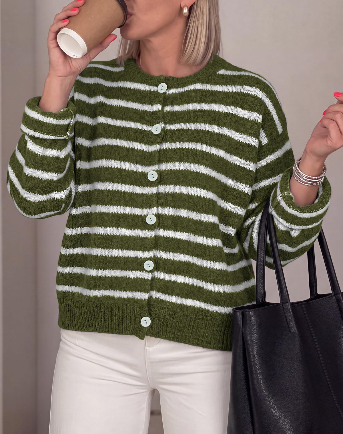 FreshPretty Women's Chunky Knit Striped Cardigan Sweaters Casual Button Front,Long Sleeve Knit Cardigan,Soft Loose Fit Sweaters for Business Casual Work,Fall Winter Outerwear Layering