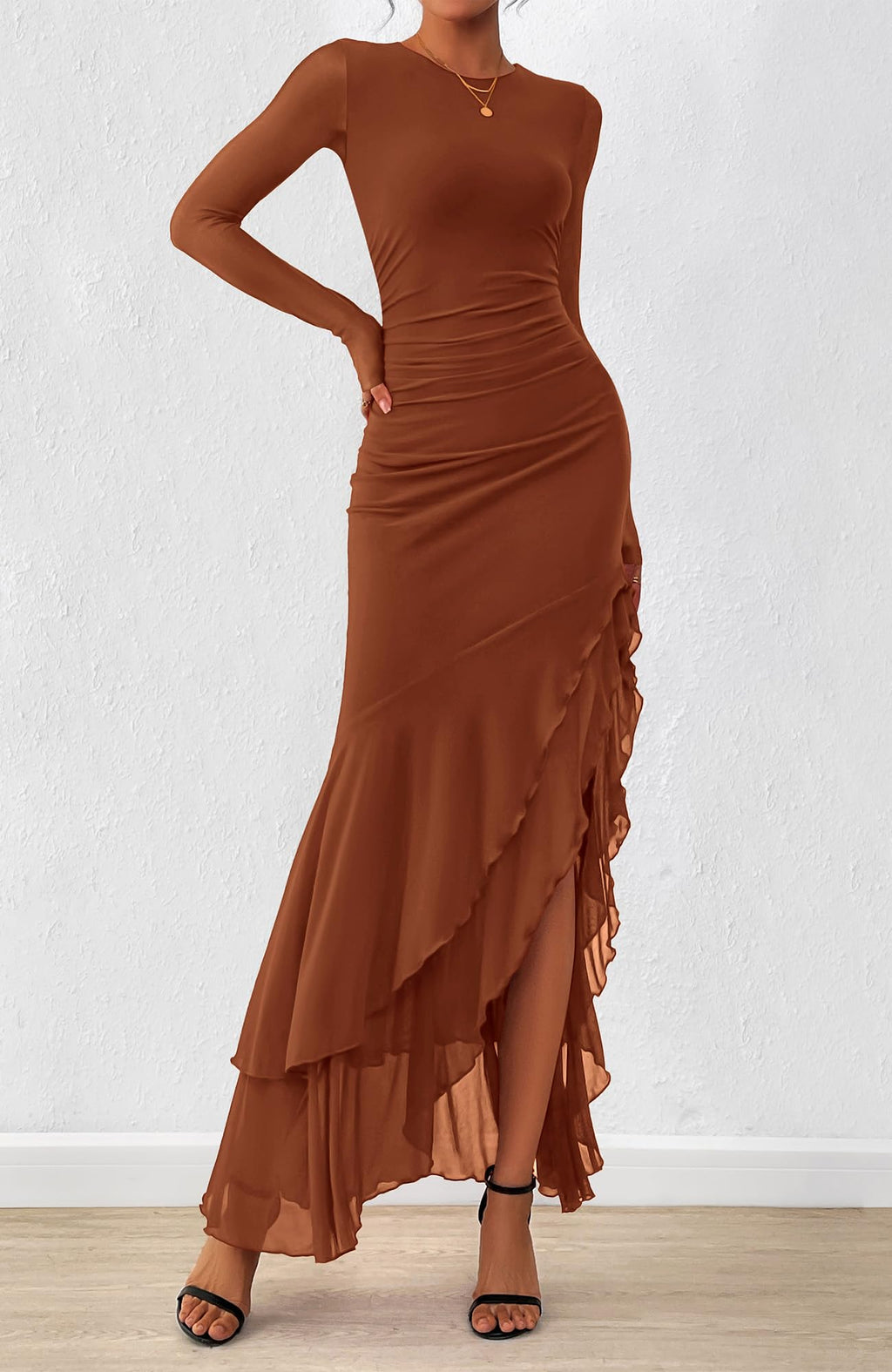 BTFBM Women's Maxi Dresses Fall Long Sleeve Wedding Guest Dress Mesh,Ruched,Bodycon,High Split,Solid Color,Ruffle, Mermaid,Cocktail Dresses,Prom,Party,Homecoming Dress,Fall Outfits