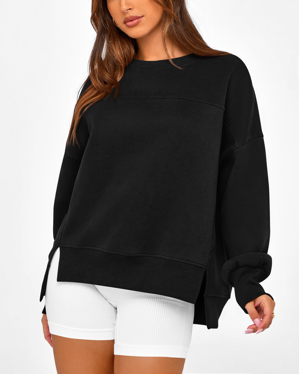 BTFBM Women's Casual Crewneck Sweatshirts Spring Long Sleeve Side Slit Workout Fleece Pullover Top Fashion Clothing