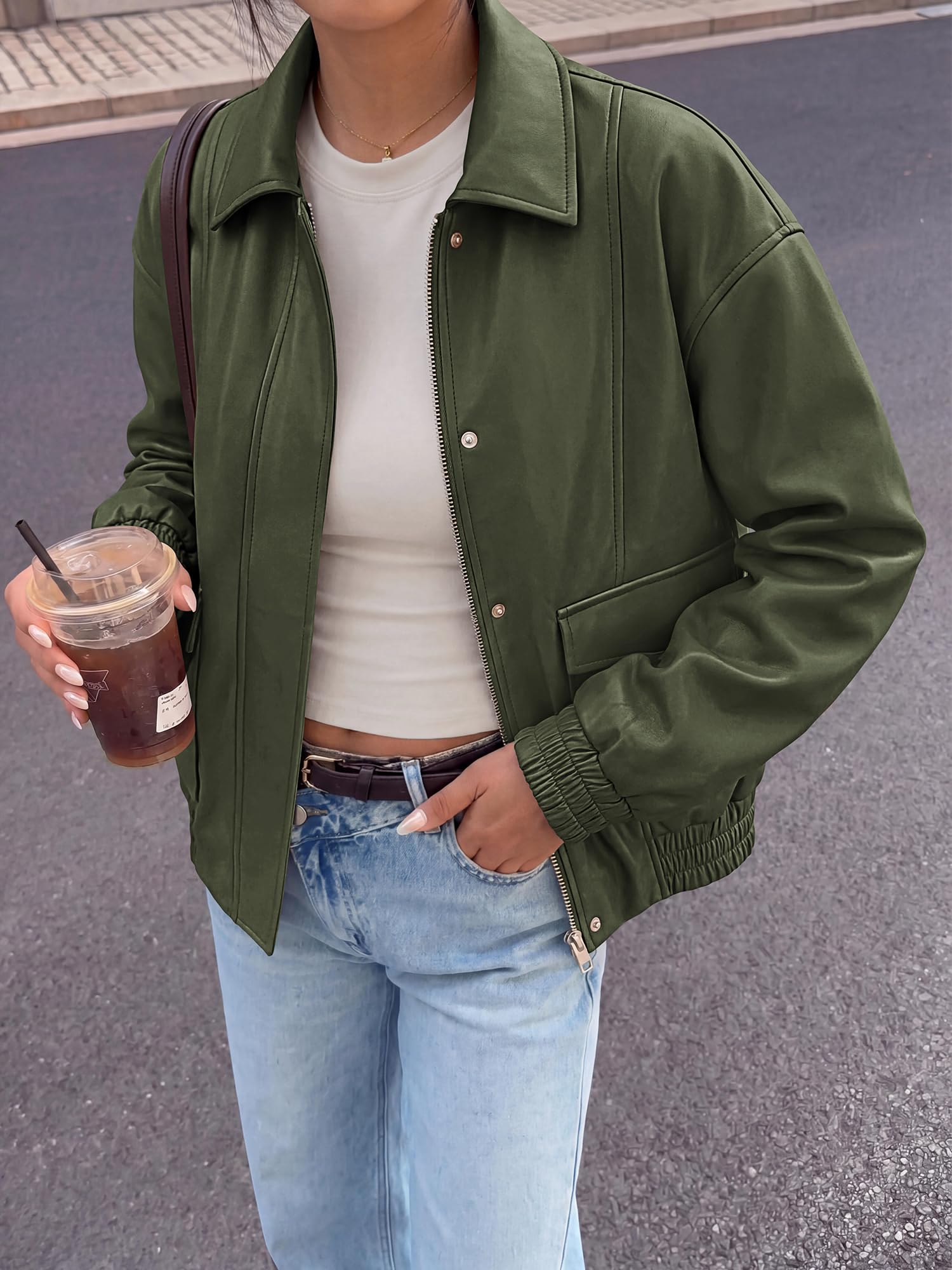 BTFBM Faux Leather Jacket Women Fall Clothes Long Sleeve, Bomber Jackets, Snaps, Pockets, Oversized, Zip Up Motorcycle Outerwear, Airport, Going Out Outfits, Winter Coat