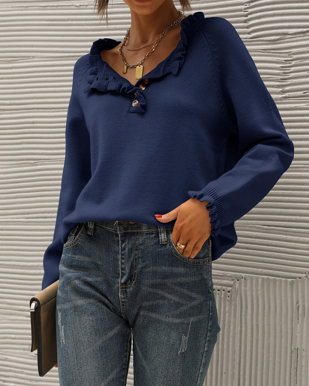 FreshPretty Womens Sweaters Fall Winter Clothes Long Sleeve Button Down Ruffle Crew Neck Casual Knitted Pullover Tops