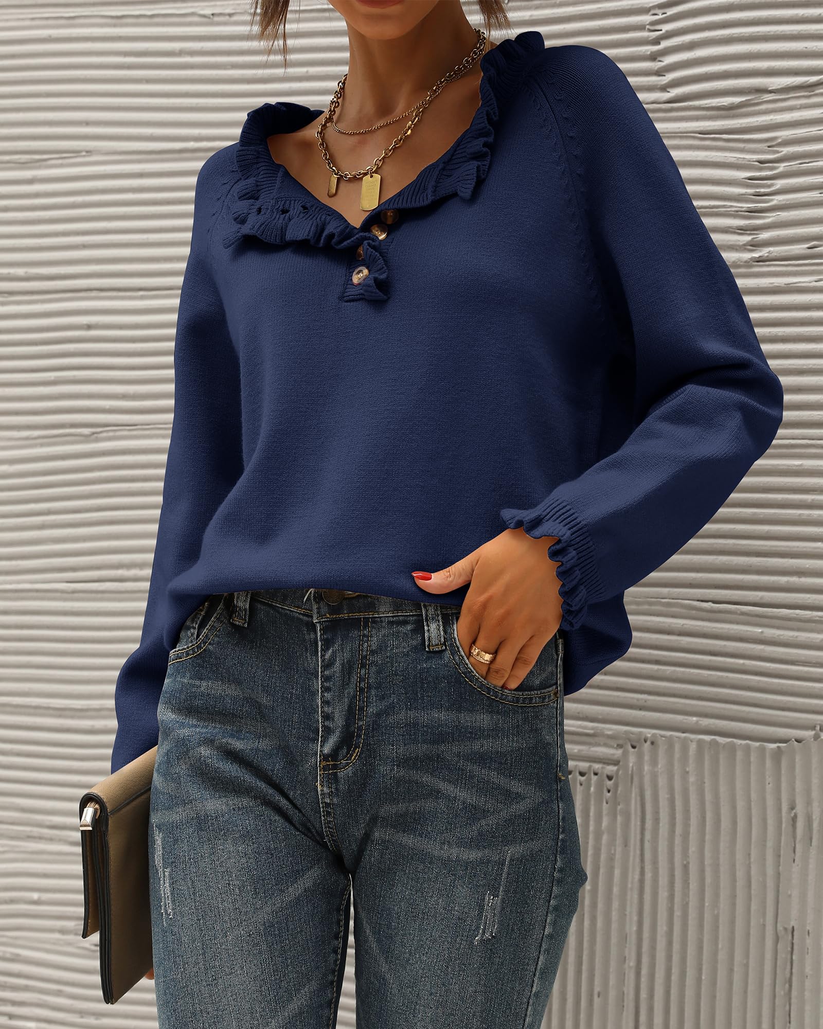 FreshPretty Womens Sweaters Fall Winter Clothes Long Sleeve Button Down Ruffle Crew Neck Casual Knitted Pullover Tops