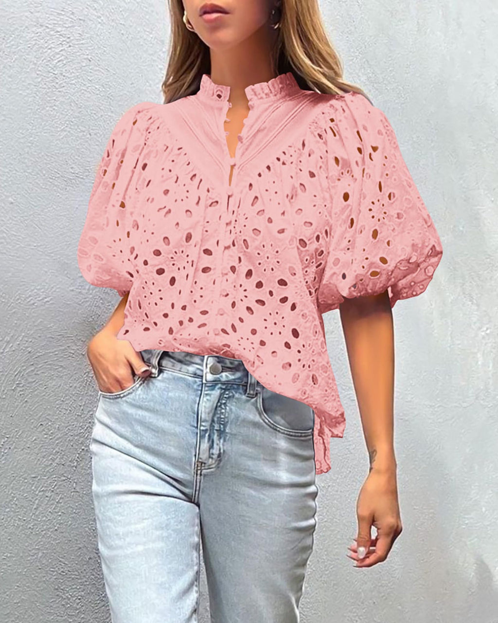 PRETTYGARDEN Women's Summer Tops Dressy Casual Short Sleeve V Neck Buttons Hollow Out Lace Embroidered Blouses Shirts