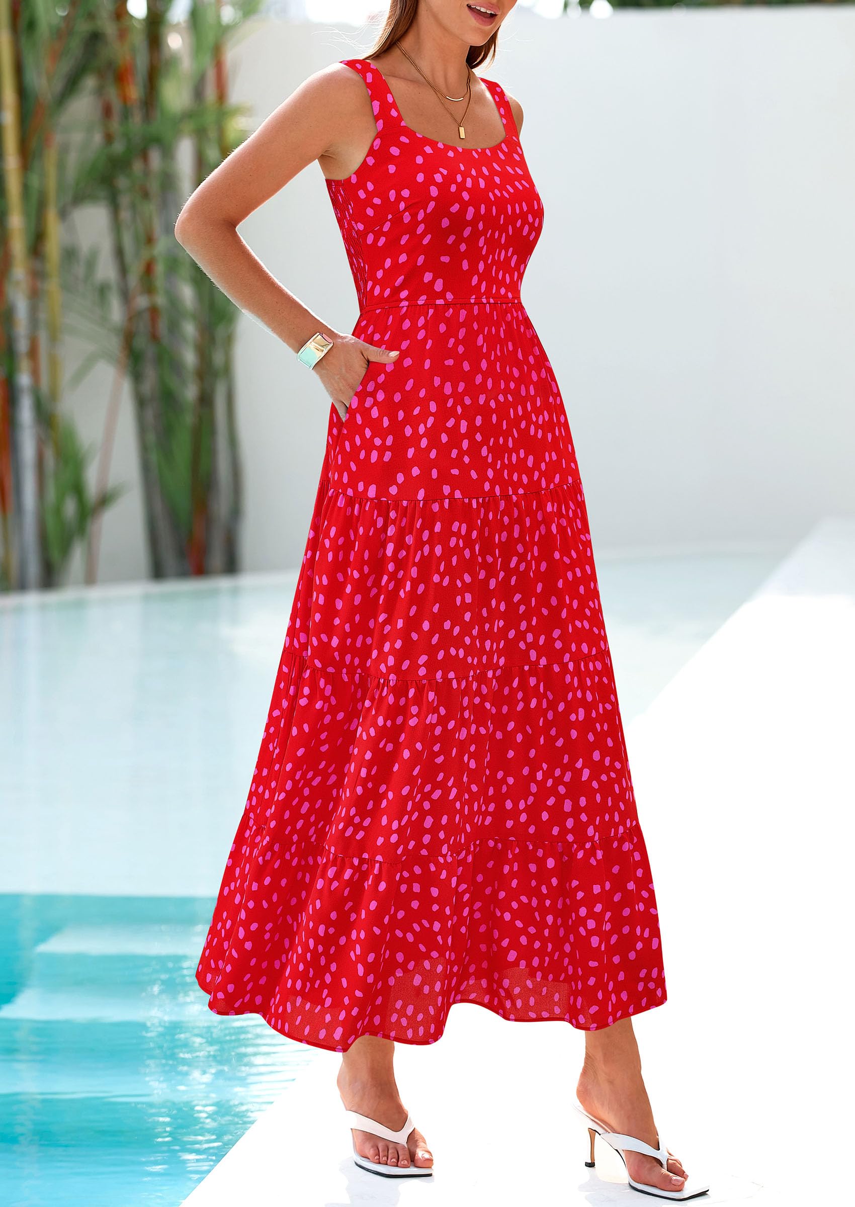 PRETTYGARDEN Women's Summer Floral Maxi Dress Sleeveless Smocked Ruffle Long Flowy Beach Vacation Boho Sundresses