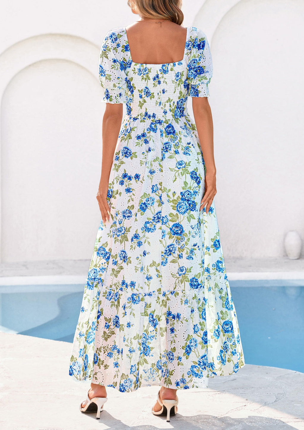 PRETTYGARDEN Women's Floral Boho Maxi Dresses Flowy Short Sleeve A Line Smocked Eyelet Summer Beach Vacation Clothes